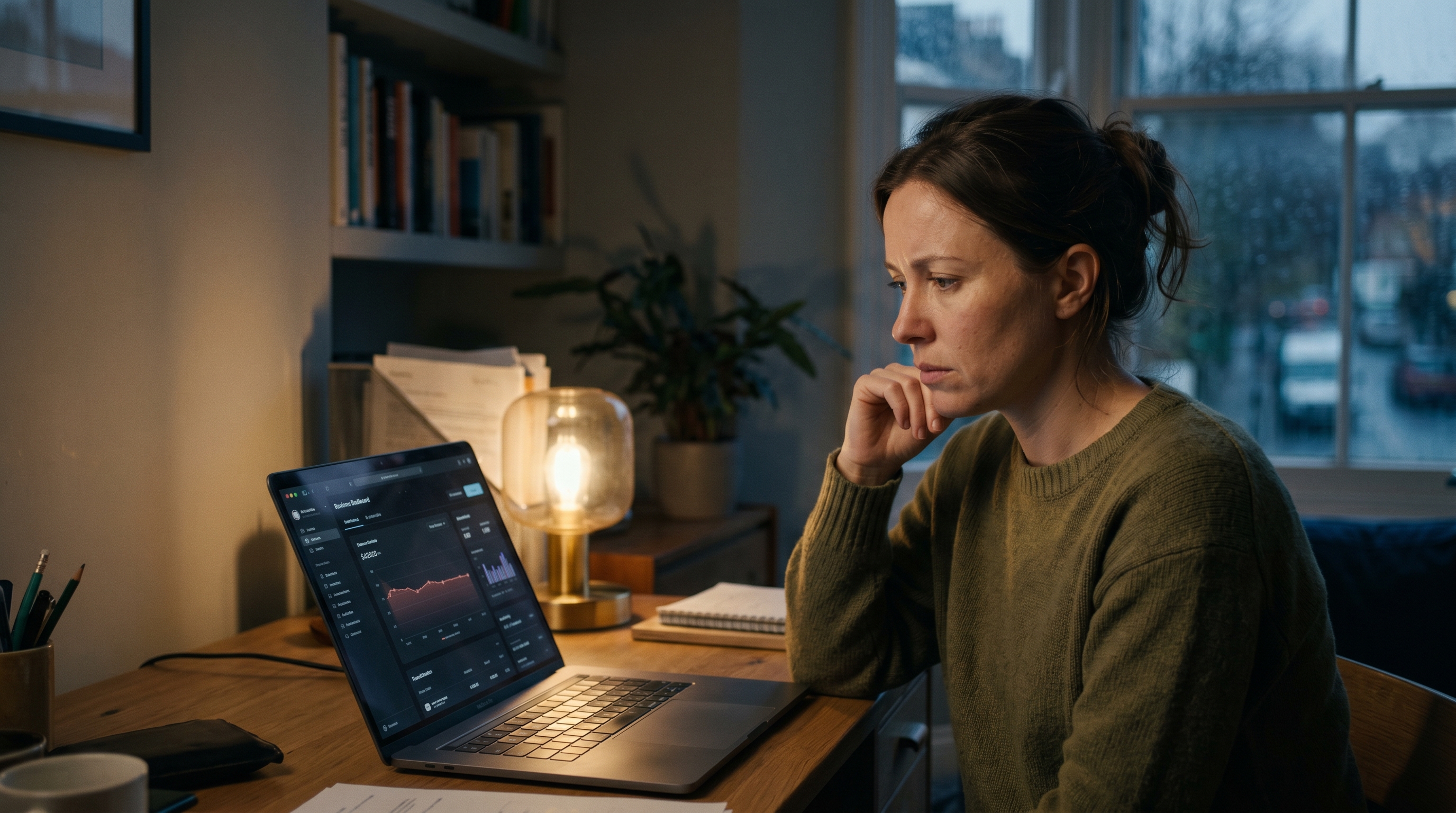Small business owner staring at a laptop showing a flatlining sales chart in a dim home office