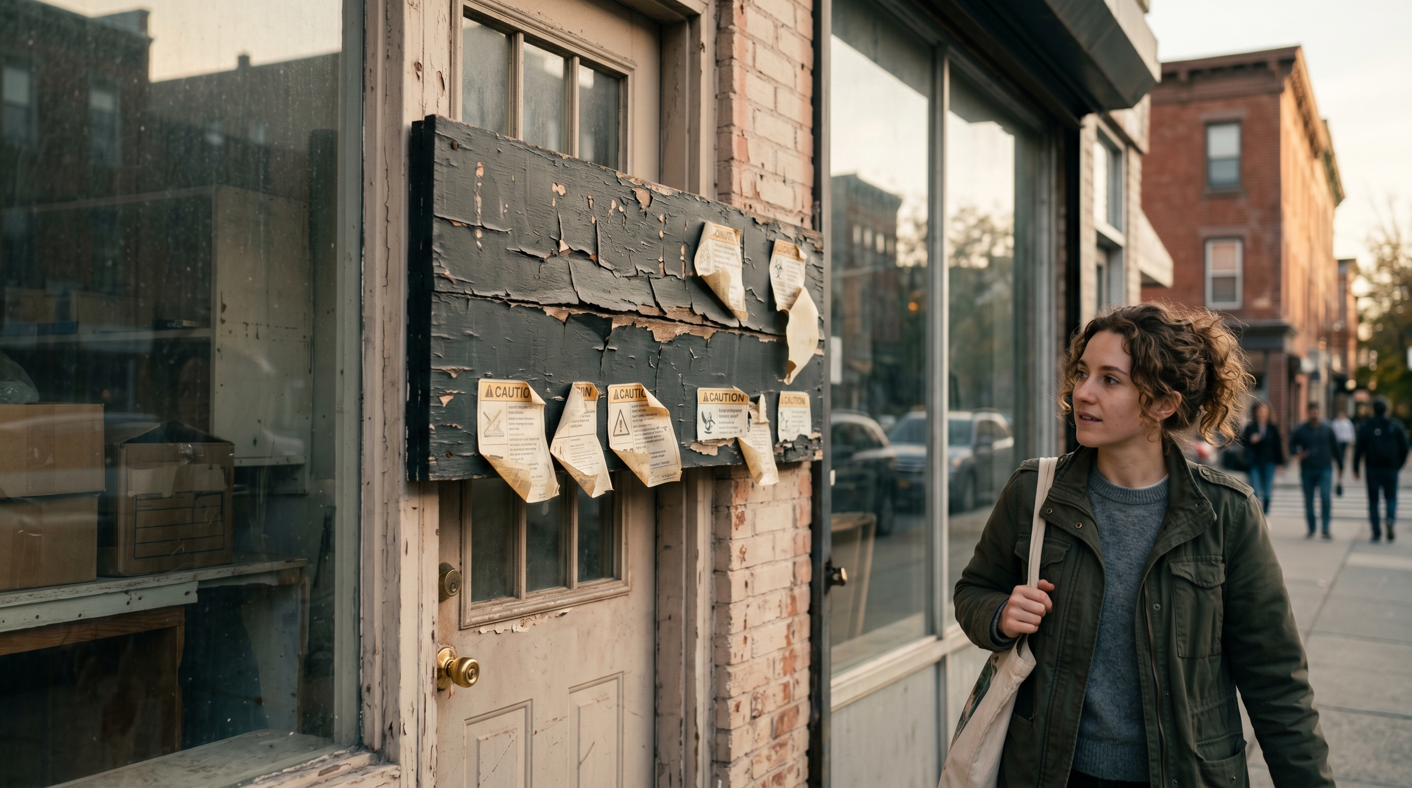 Cracked storefront sign with seven warning labels falling off in a stylized illustration