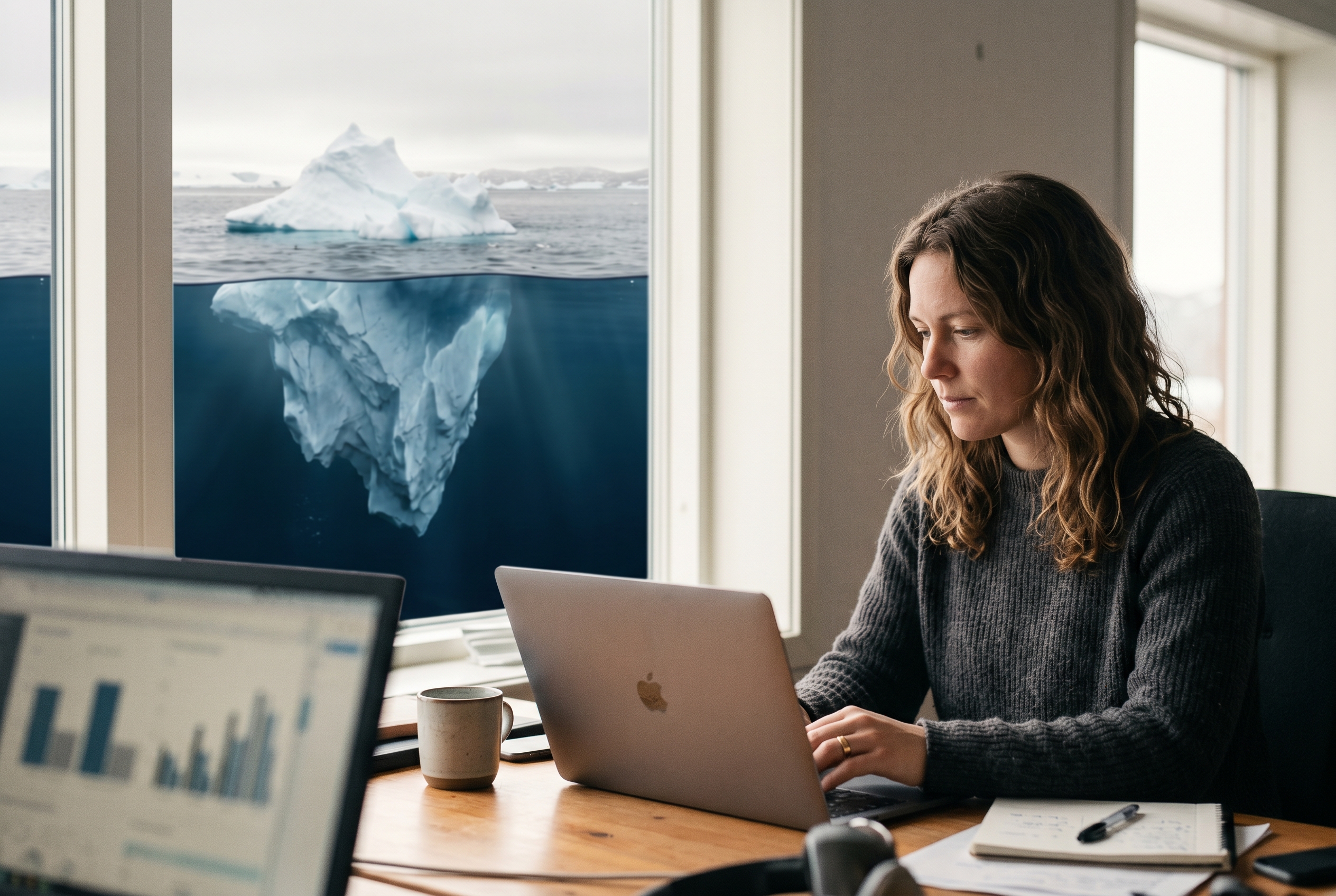 Iceberg illustration with small visible tip and massive hidden costs labeled underwater in dark blue