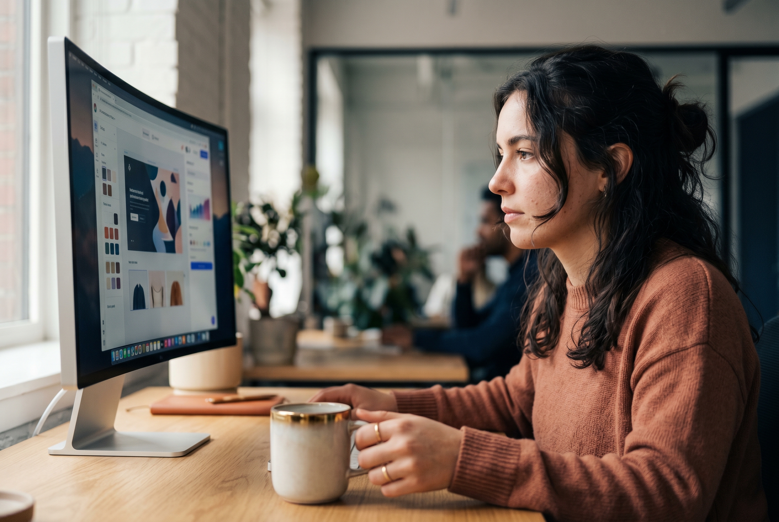 Modern operator at a clean desk watching an AI assistant build a complete online store in a single interface