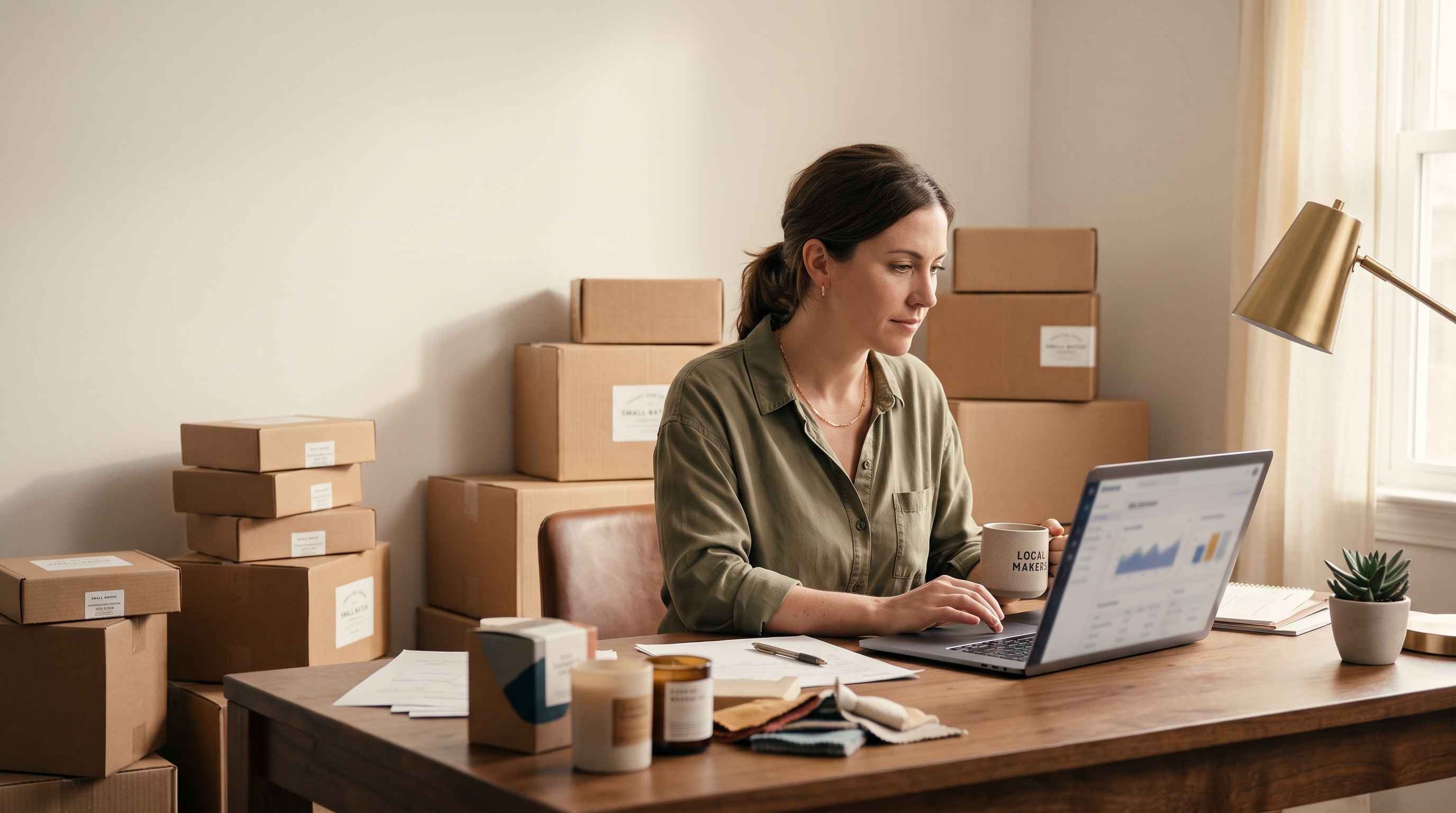 Small business owner reviewing sales numbers on a laptop at a wooden desk surrounded by product boxes in a home office