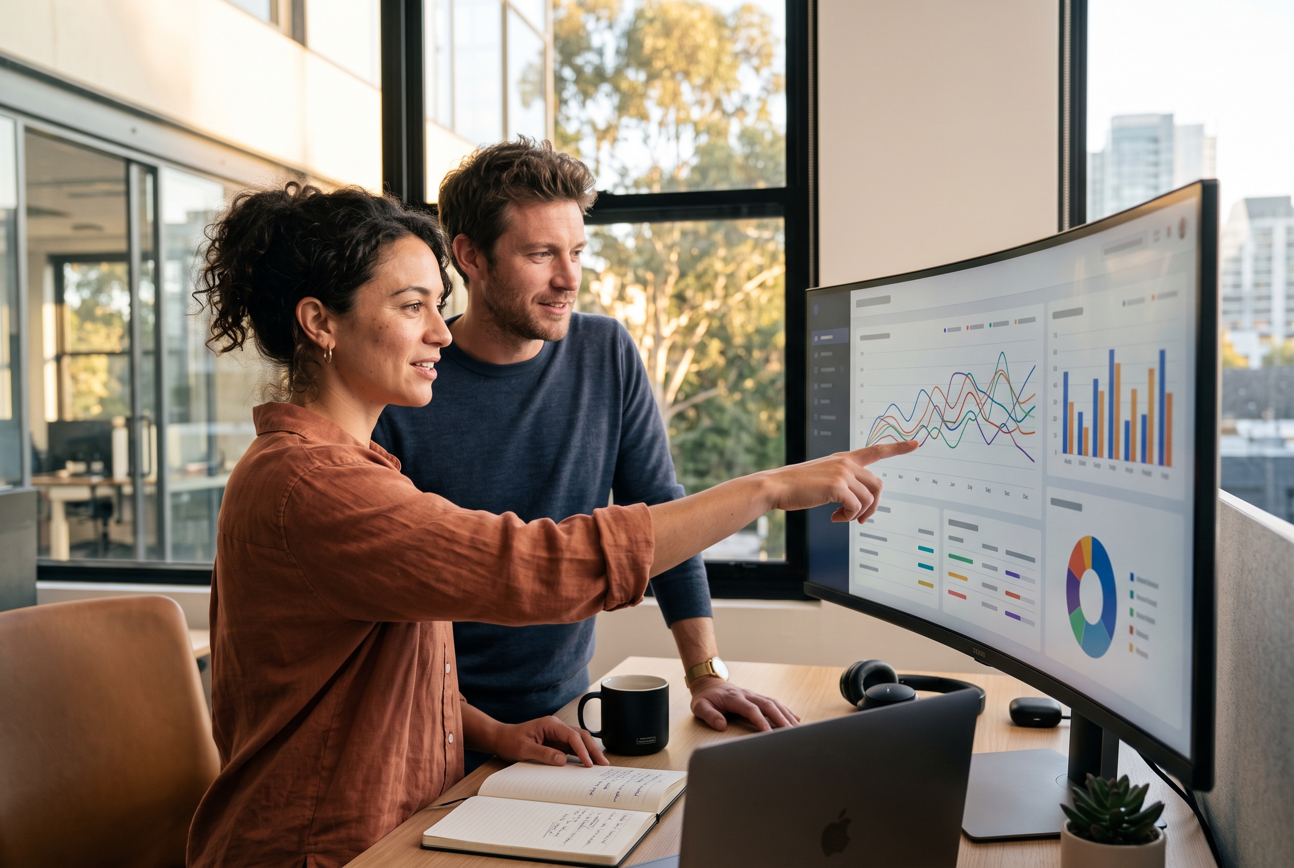 Two colleagues comparing quarterly charts on a wide monitor in a bright modern office at golden hour