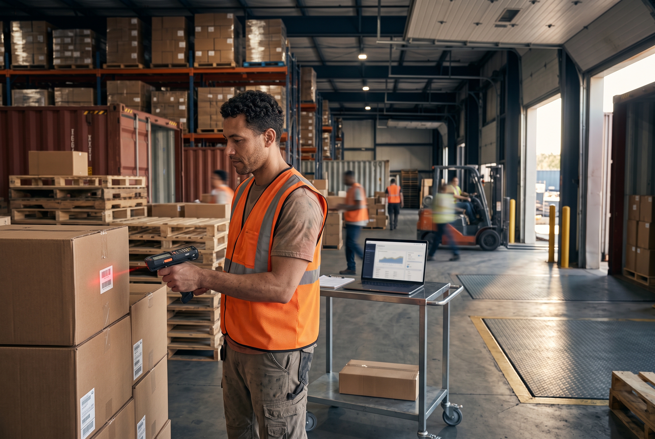 Warehouse worker scanning packages near a loading dock stacked with international shipping boxes in the afternoon