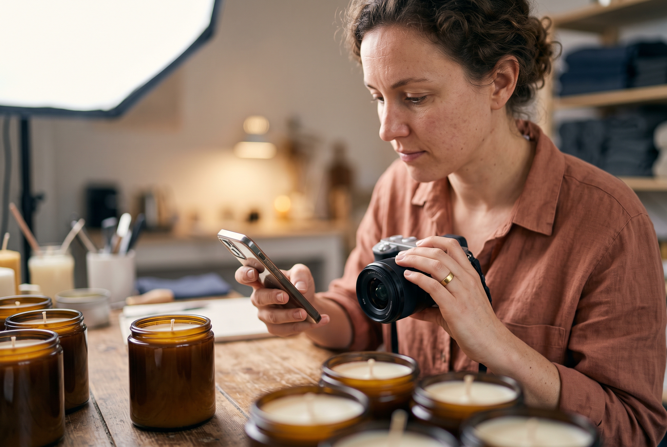 Founder photographing handmade candles on a table under a softbox light while checking a phone in a small studio