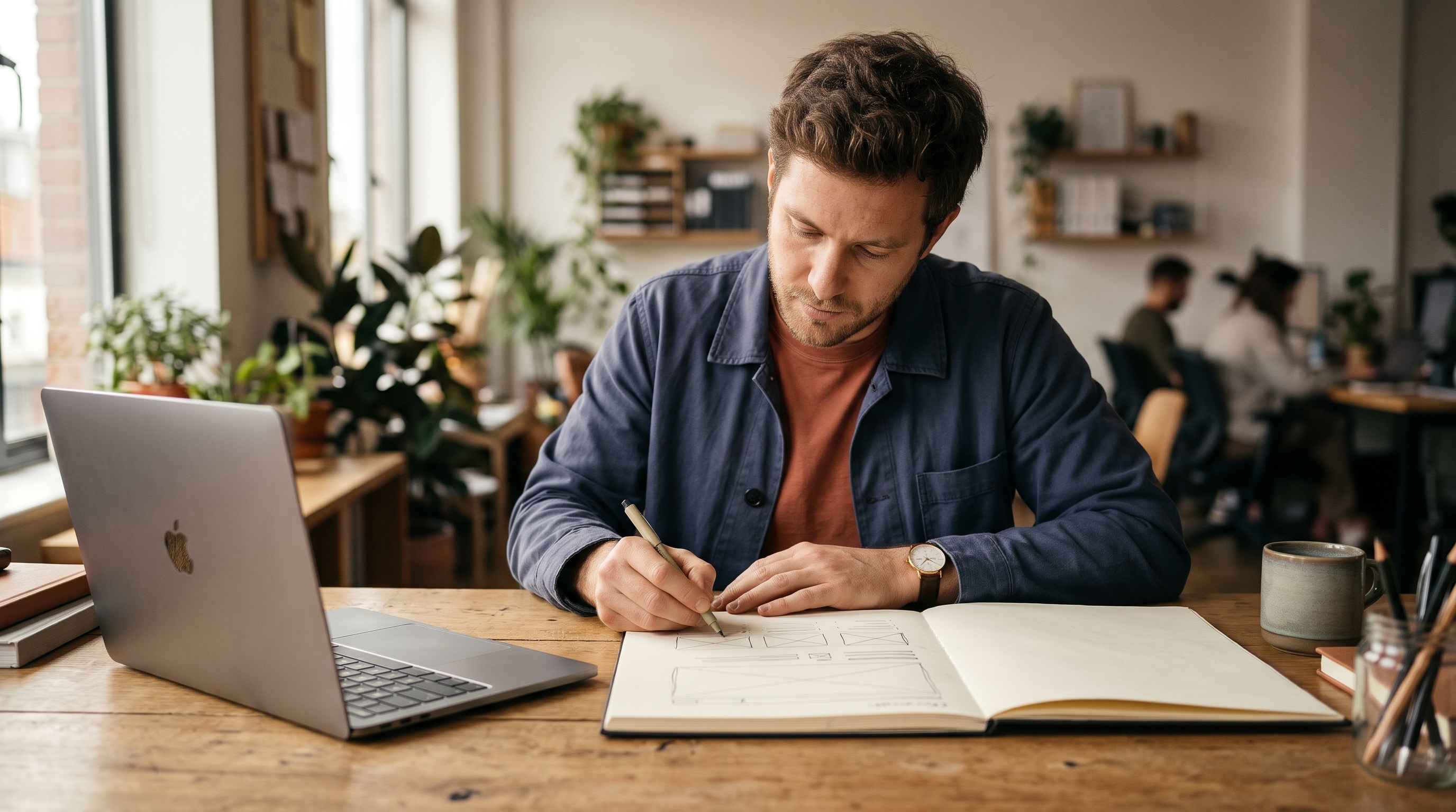 Store owner sketching a homepage layout on paper next to a laptop showing an online store at a sunlit desk