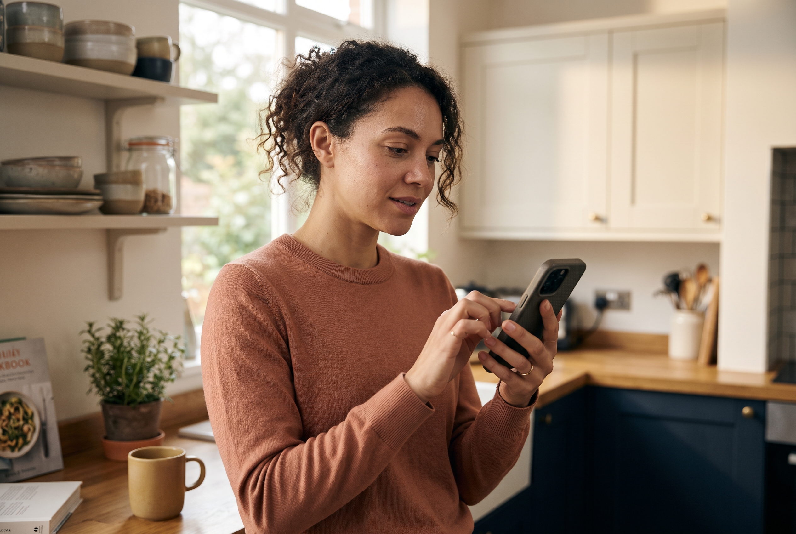 Shopper holding a smartphone in a kitchen scrolling the homepage of an online clothing store