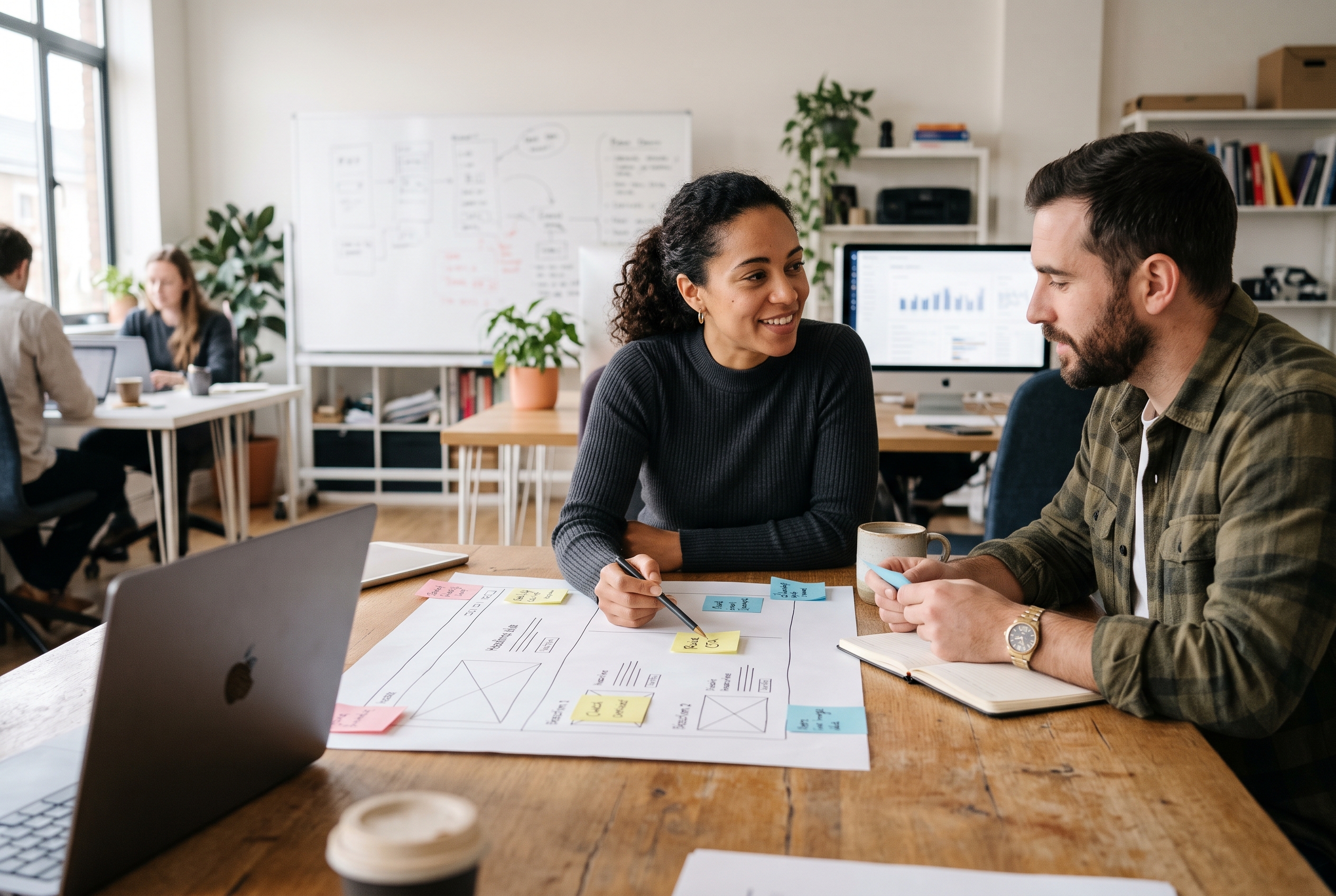 Two co-founders reviewing a printed homepage mockup with sticky notes at a shared studio table