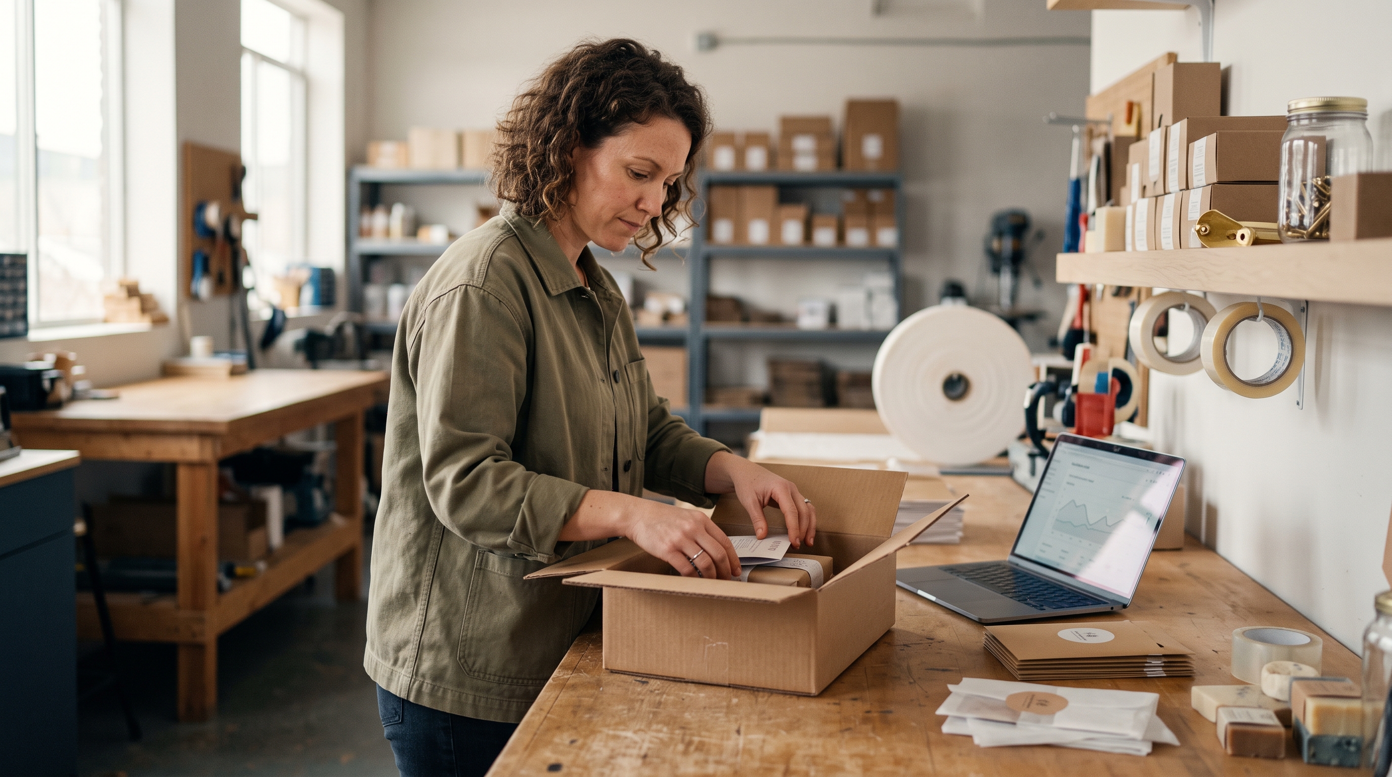 Small business owner packing a thank-you card and sample into a shipping box at a wooden workbench