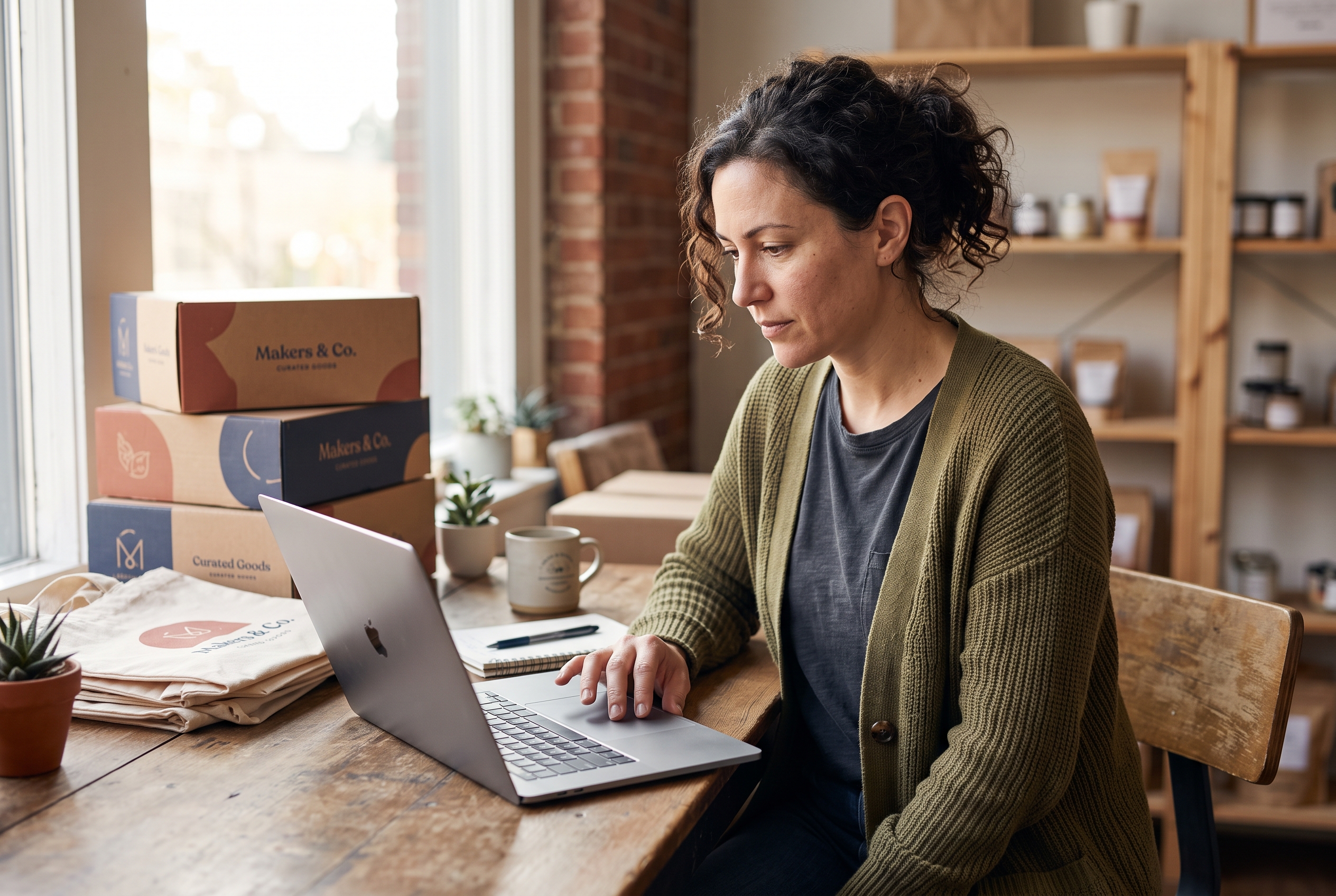 Shop owner reviewing customer reward activity on a laptop beside a stack of branded packaging