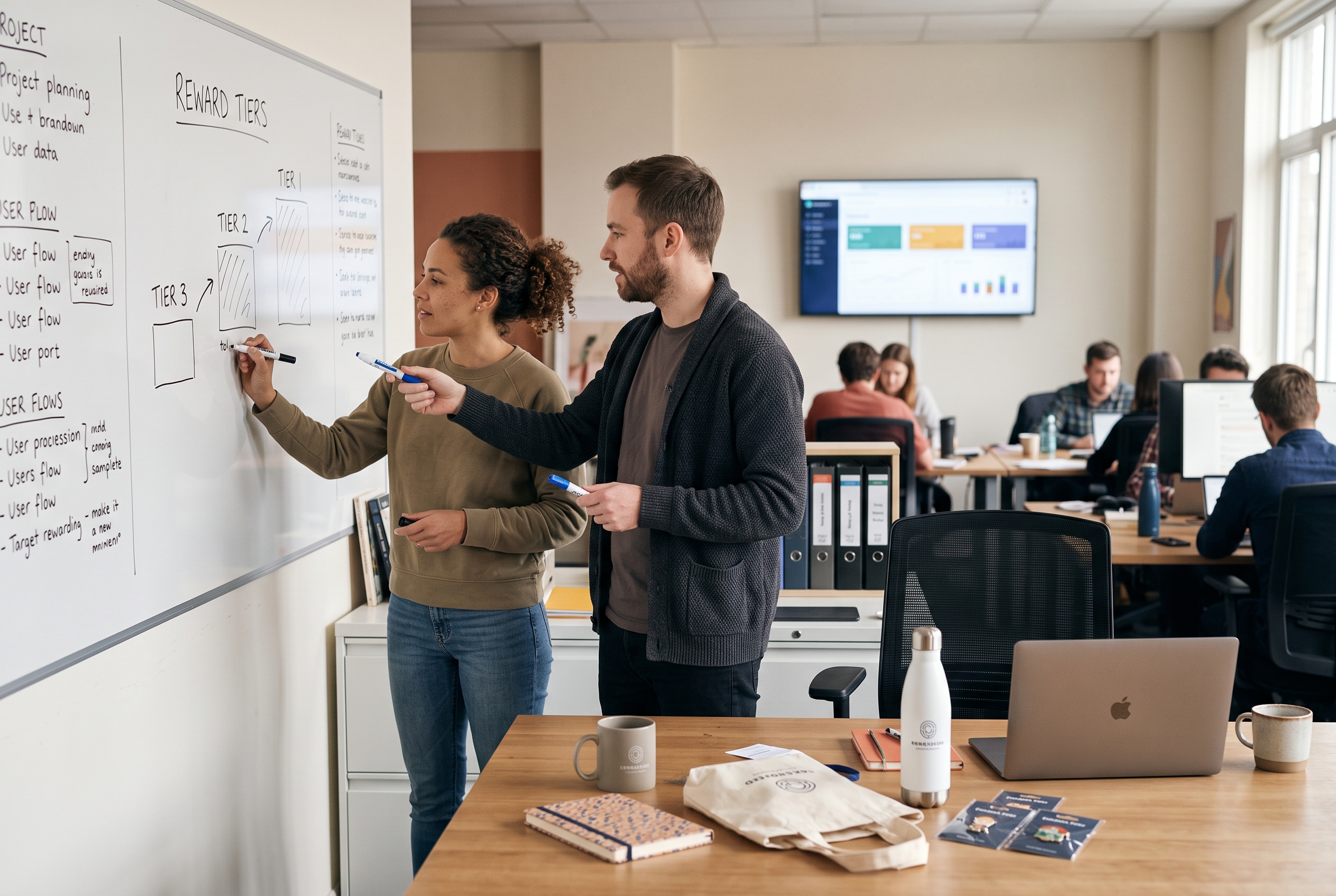 Two co-founders sketching reward tiers on a whiteboard in a small office with product samples on the table