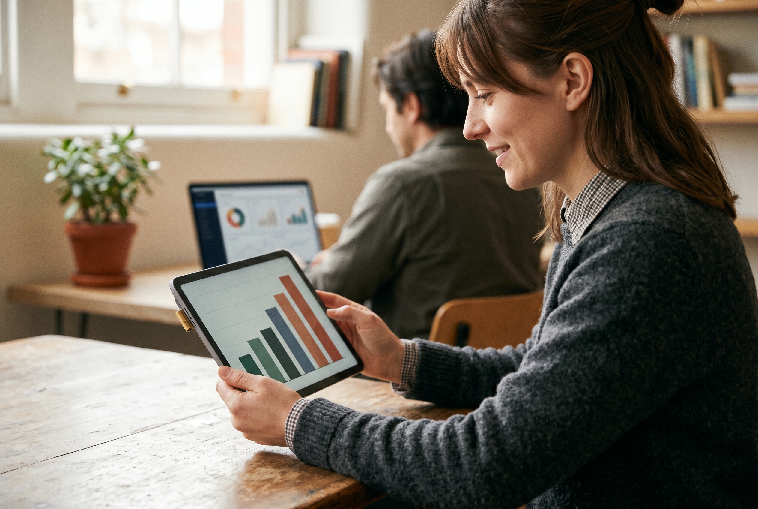 Person holding a tablet showing a bar chart that grows taller across each year on screen