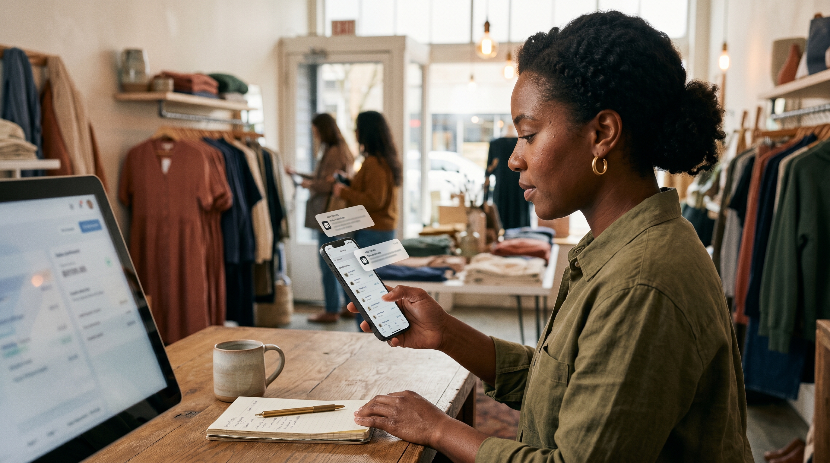 Small business owner reviewing a mobile shopping app on a smartphone with order notifications popping up on screen
