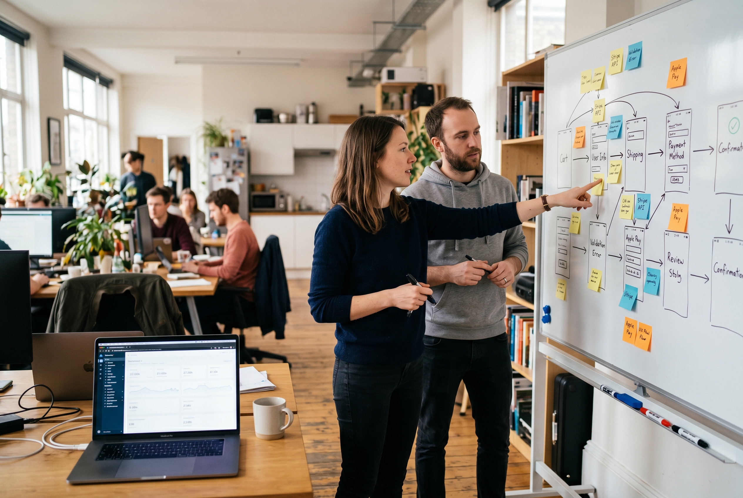 Two developers at a whiteboard mapping out a mobile checkout flow with sticky notes and arrows connecting screens