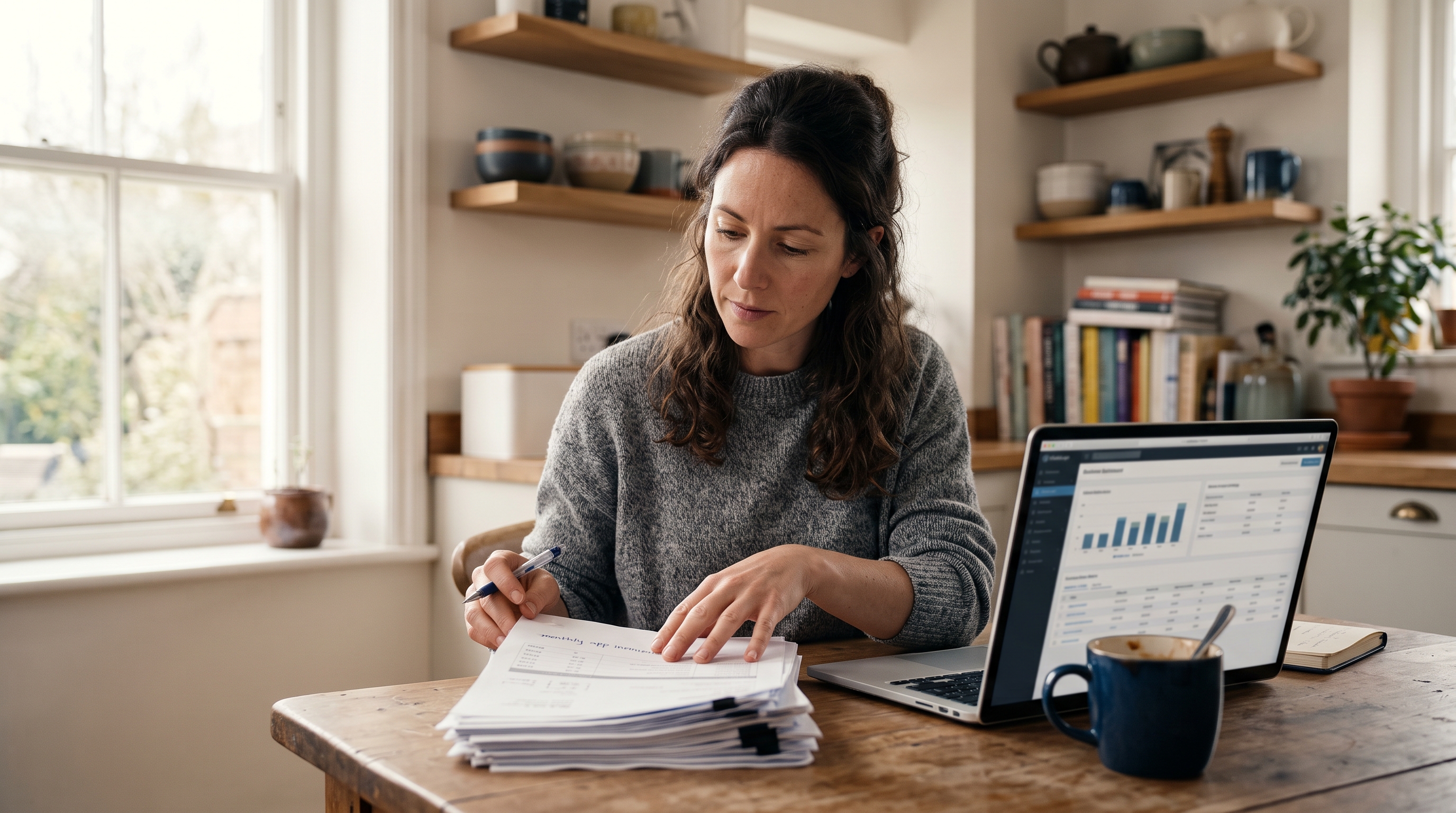 Store owner at a kitchen table reviewing a stack of monthly app invoices beside a laptop and coffee