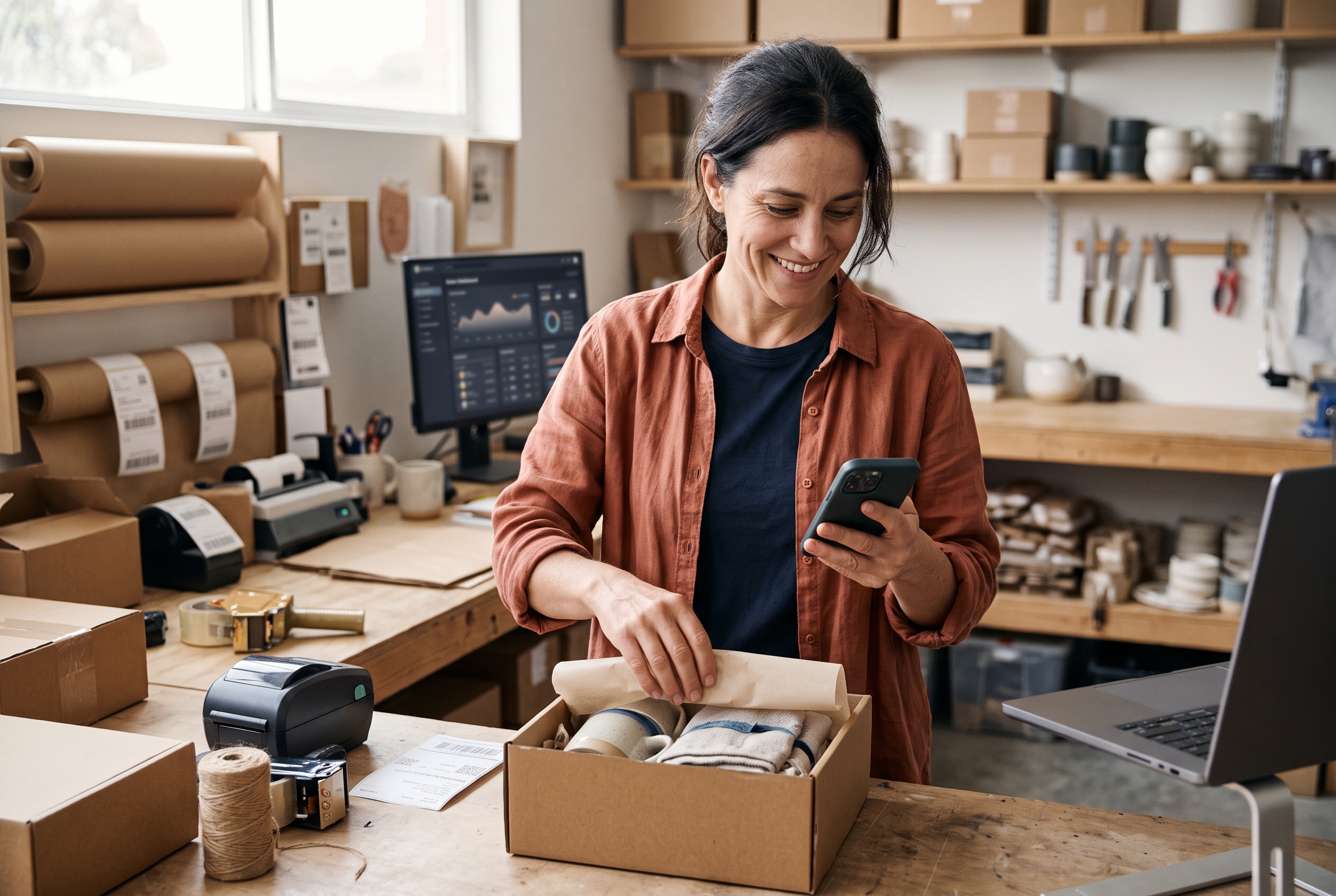 Merchant packing orders in a small workshop while checking a billing dashboard on a phone