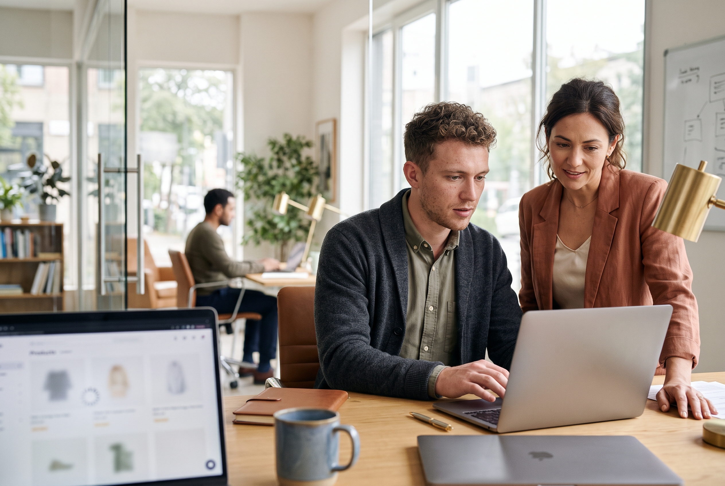 Developer and shop owner looking at a slow-loading product page on a laptop in a bright office