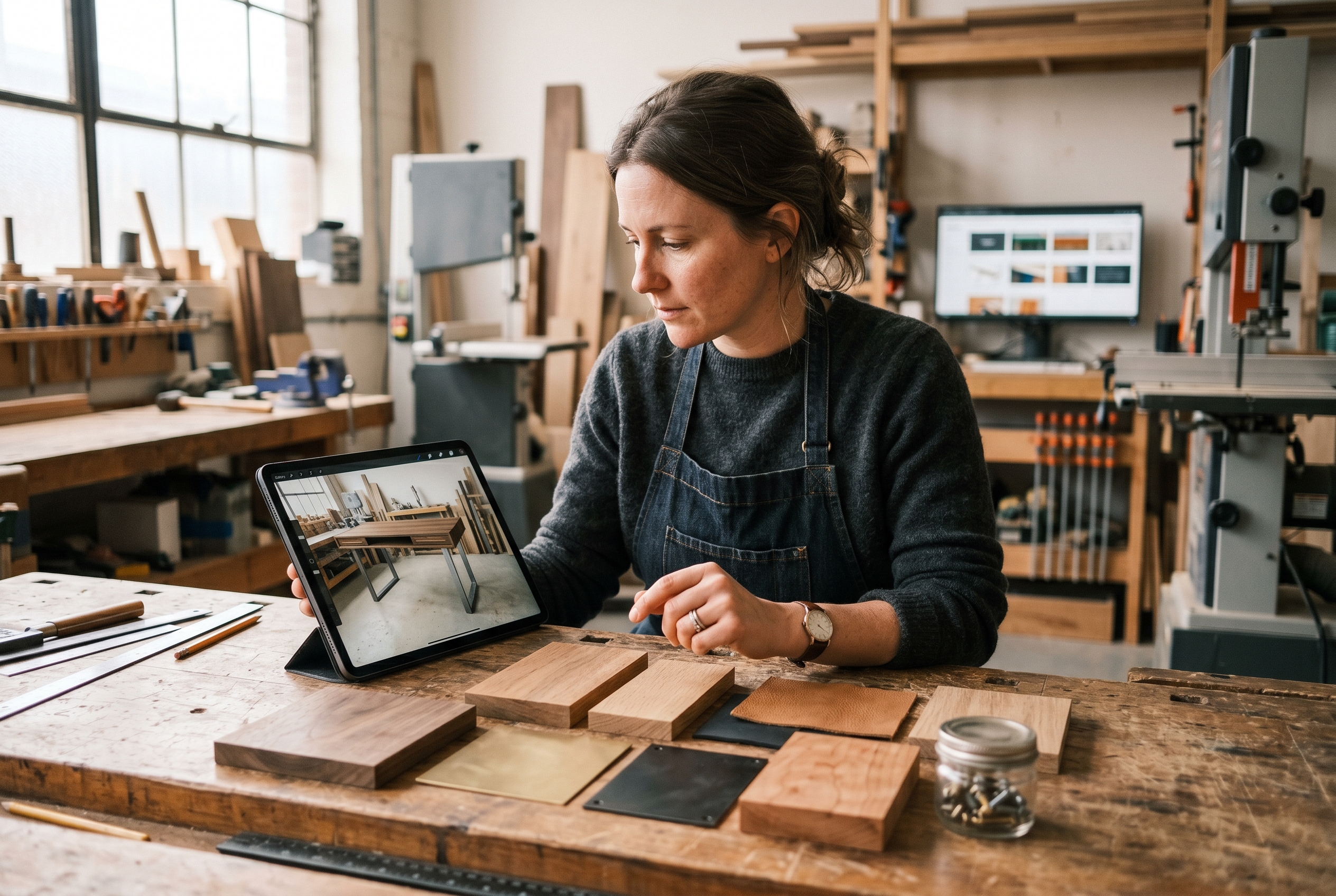 Furniture maker reviewing a 3D rendered custom desk on a tablet with material samples laid out on a workshop bench
