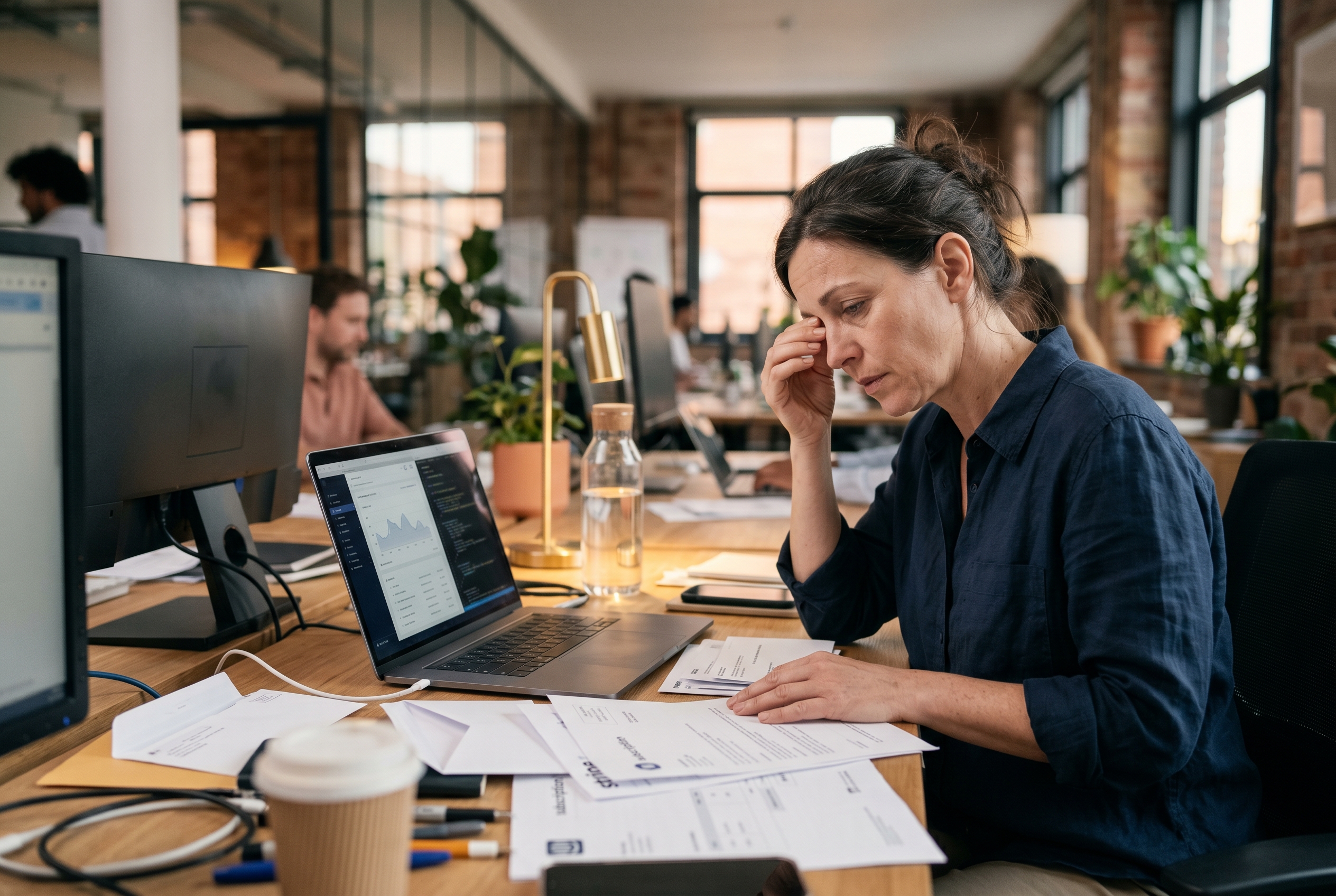 Business owner looking stressed at a desk covered with subscription invoices and plugin renewal notices