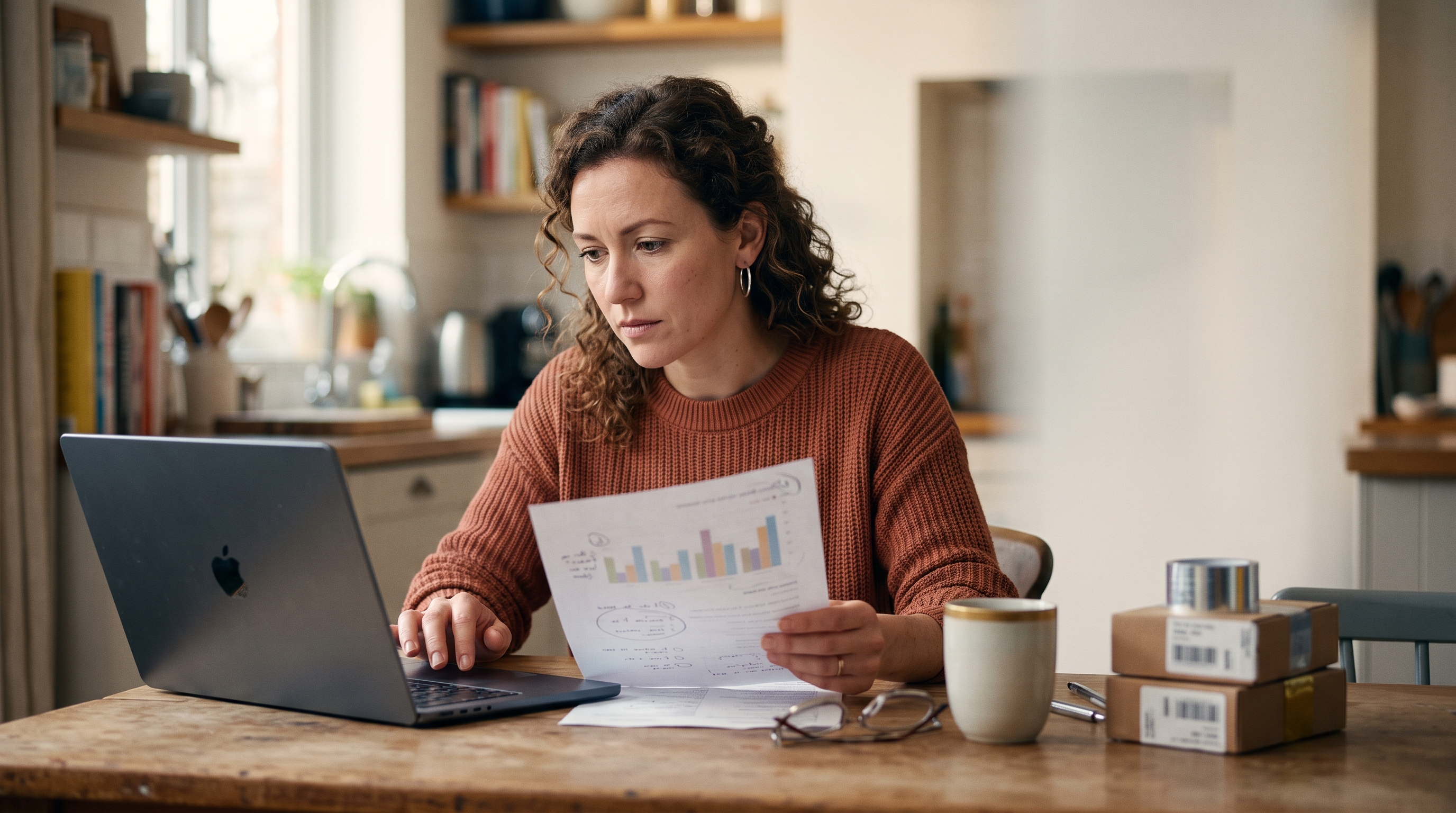 Online store owner comparing a printed profit and loss sheet with a laptop spreadsheet at a kitchen table with product boxes nearby