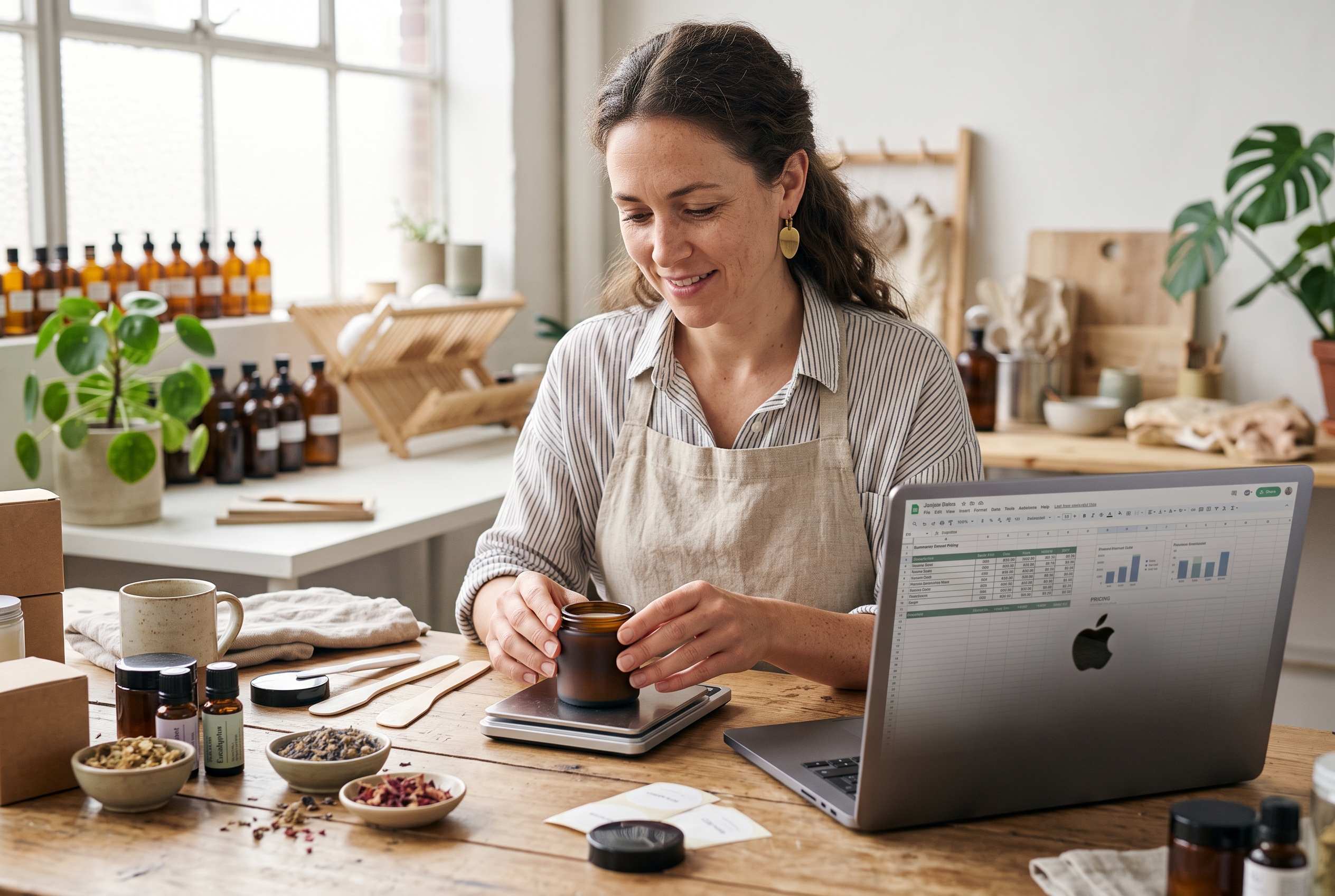 Merchant weighing a skincare product on a small scale while a laptop shows a pricing spreadsheet in a bright studio