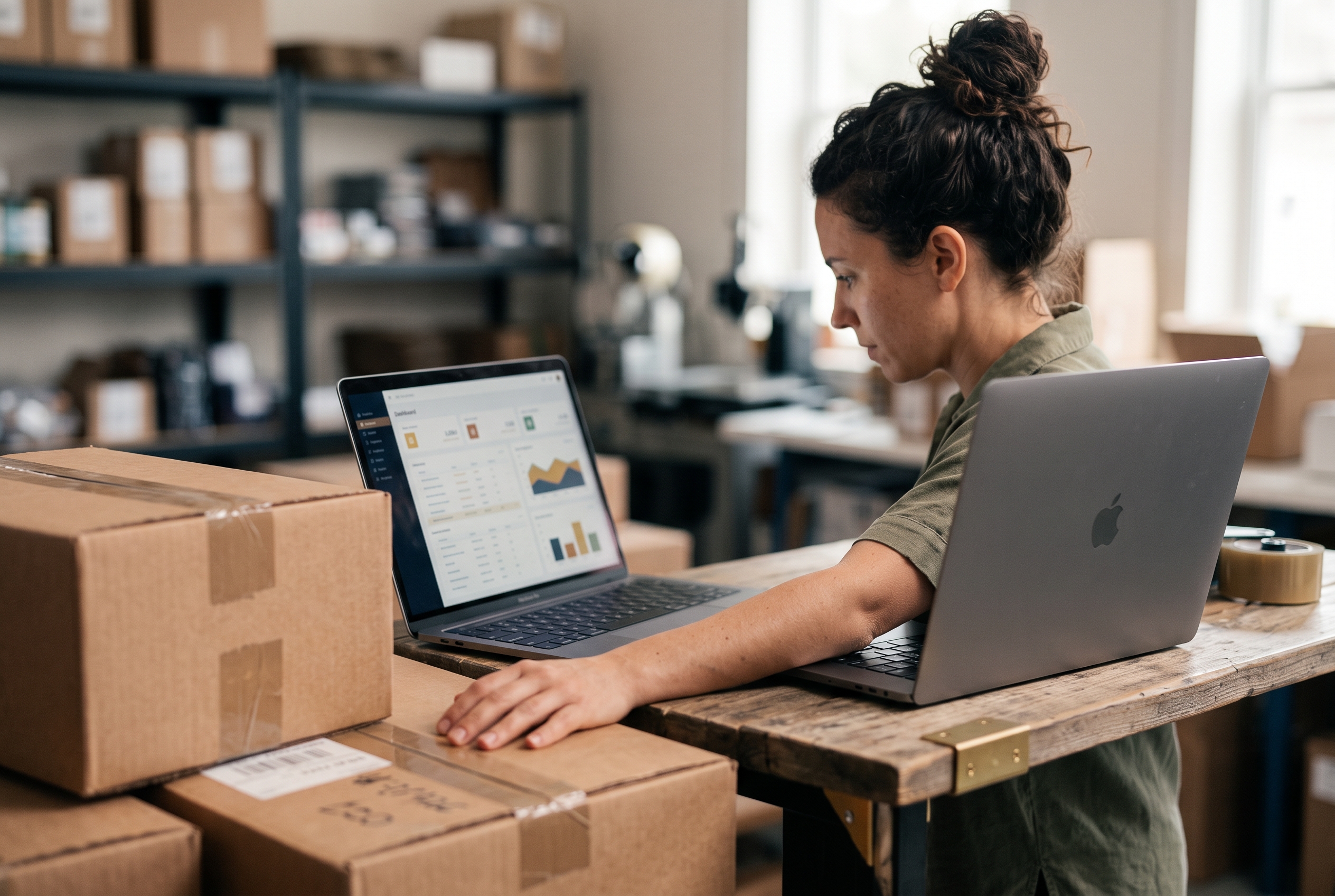 Founder reviewing a monthly expense list on a laptop at a standing desk beside stacked shipping boxes in a small warehouse