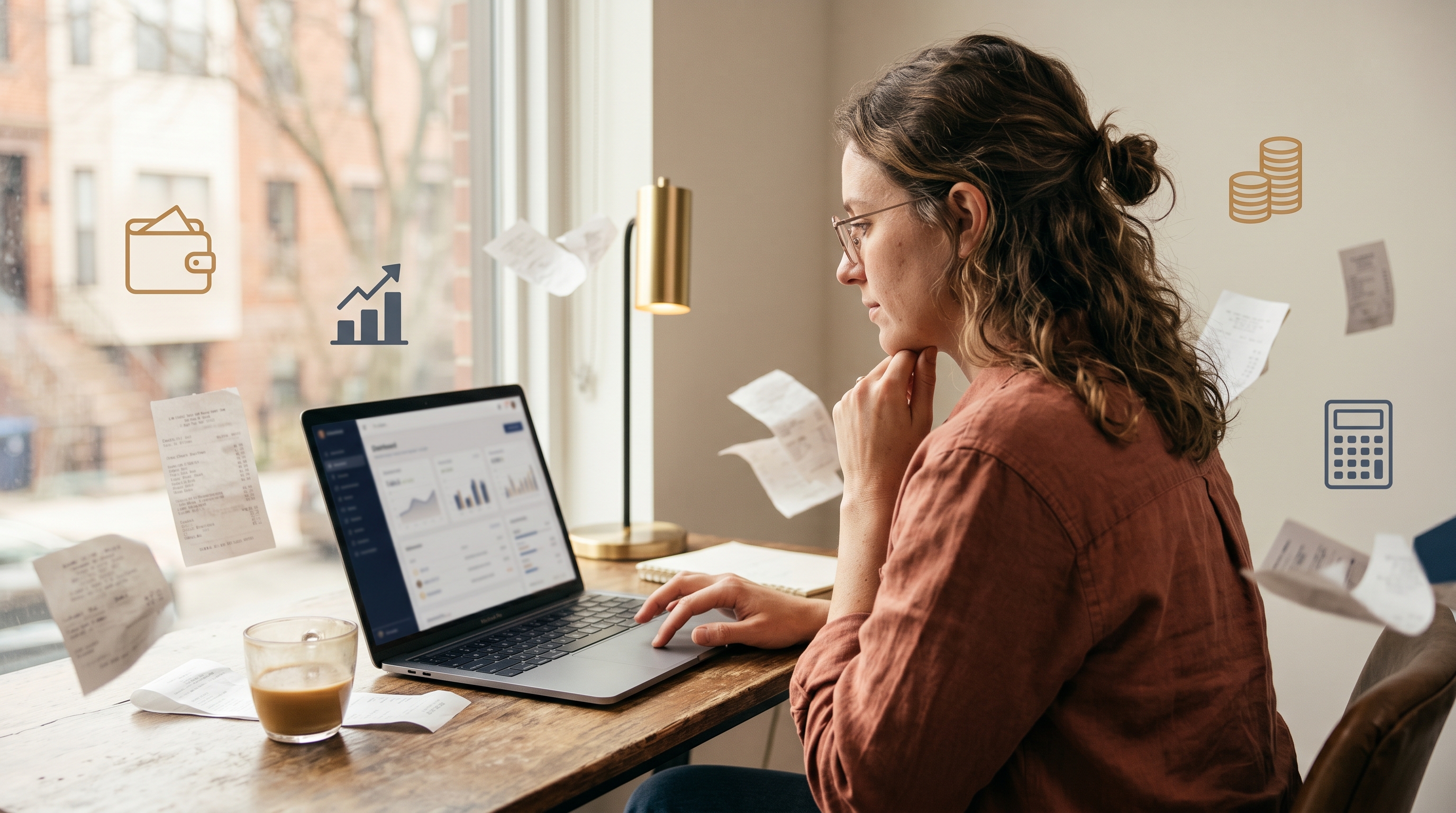 Small business owner at a desk surrounded by floating receipts and cost icons while reviewing an online store dashboard
