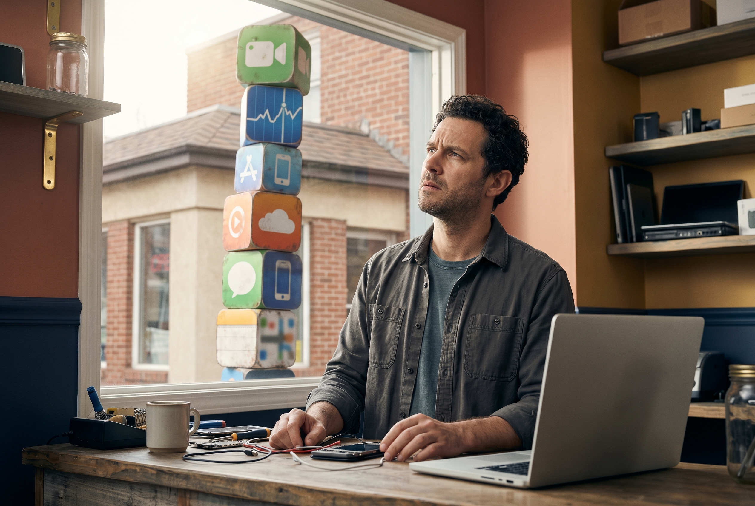 Stack of app icons growing taller and wobbling precariously above a small shop building with a worried owner looking up