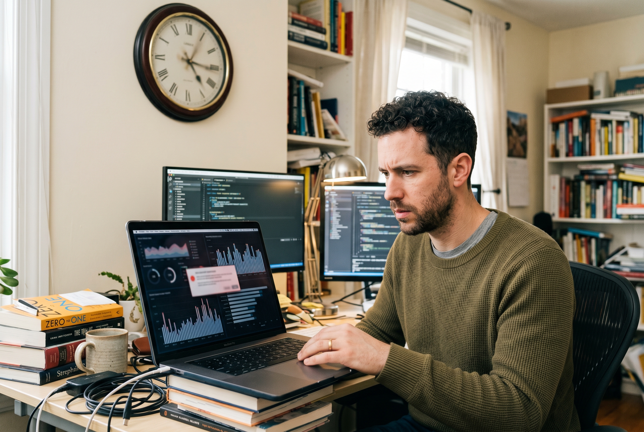 Founder staring at a laptop screen showing plugin conflict errors while a clock spins rapidly overhead in a cluttered home office