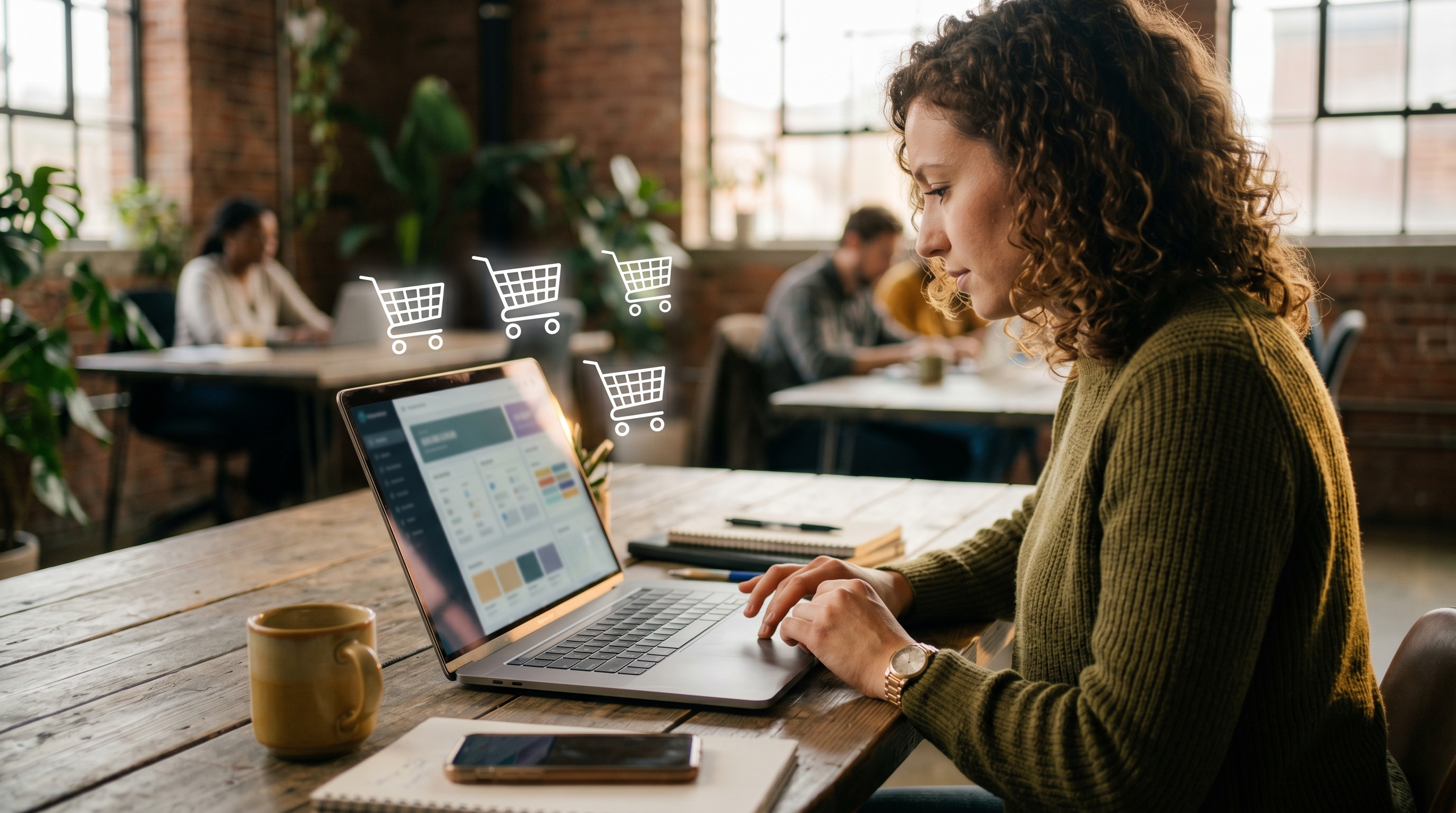 Entrepreneur browsing multiple online store options on a laptop with shopping cart icons floating above the screen