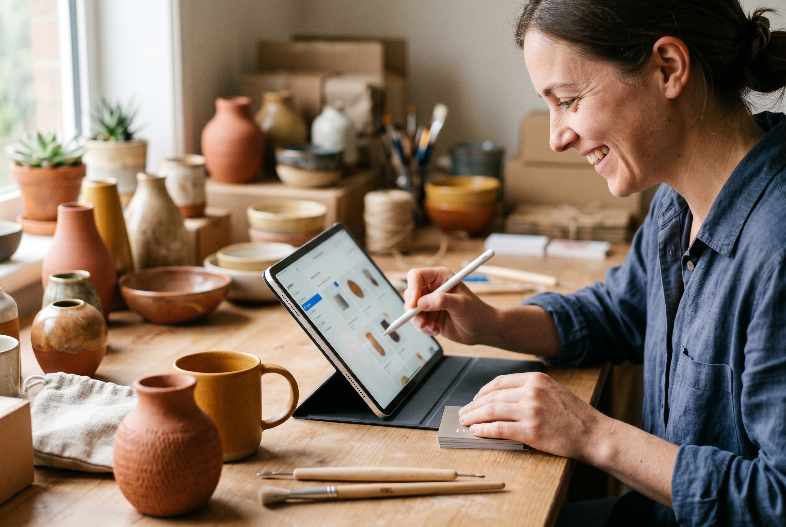 Small business owner happily setting up their online store on a tablet while products are arranged on a desk nearby
