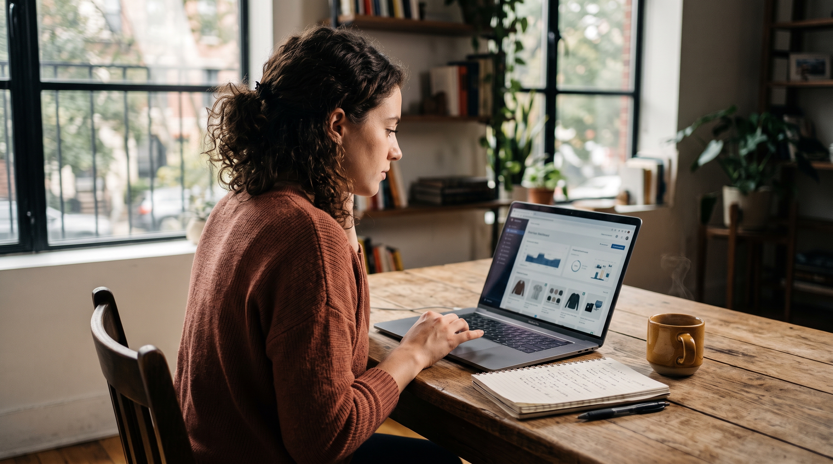 Store owner browsing competitor online stores on a laptop at a wooden desk with a notebook and coffee