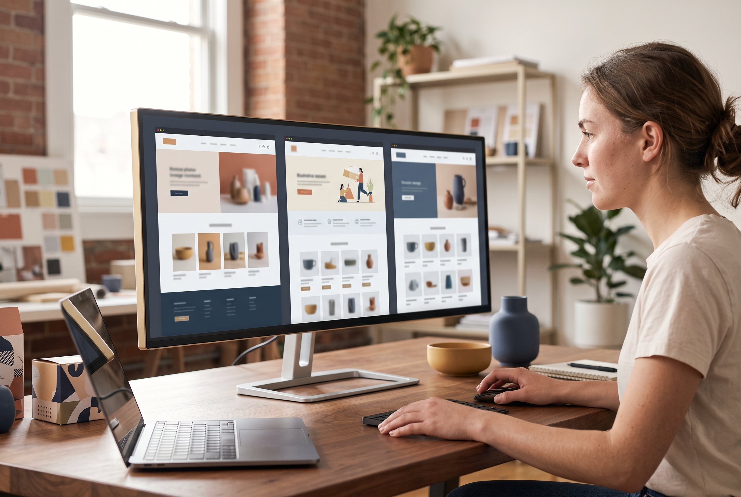 Designer comparing three store homepages on a wide monitor in a bright studio with product samples on the desk