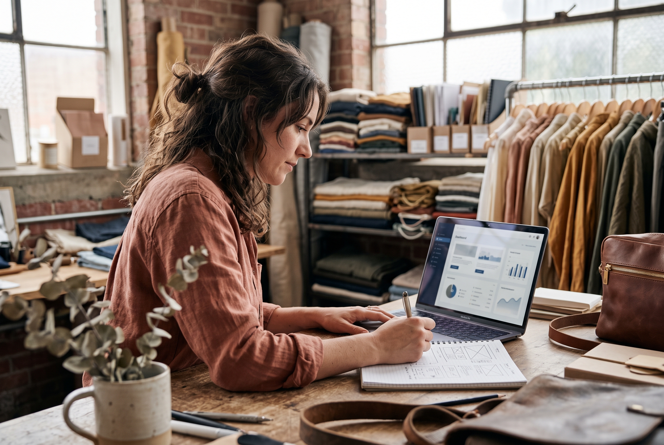 Boutique owner sketching a homepage layout on paper next to a laptop showing a store, in a small studio