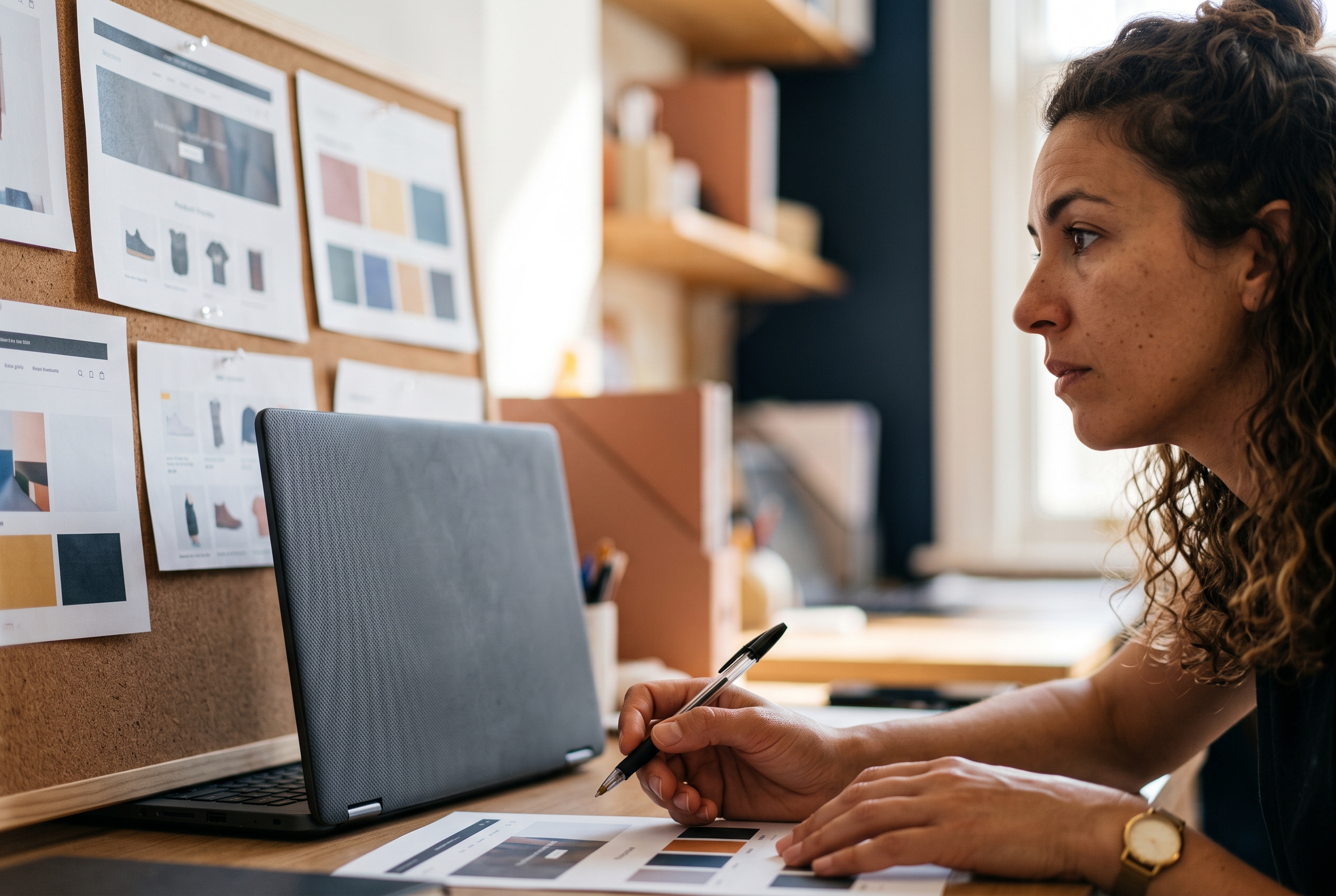 Small business owner reviewing printed screenshots of store pages pinned to a corkboard above a laptop