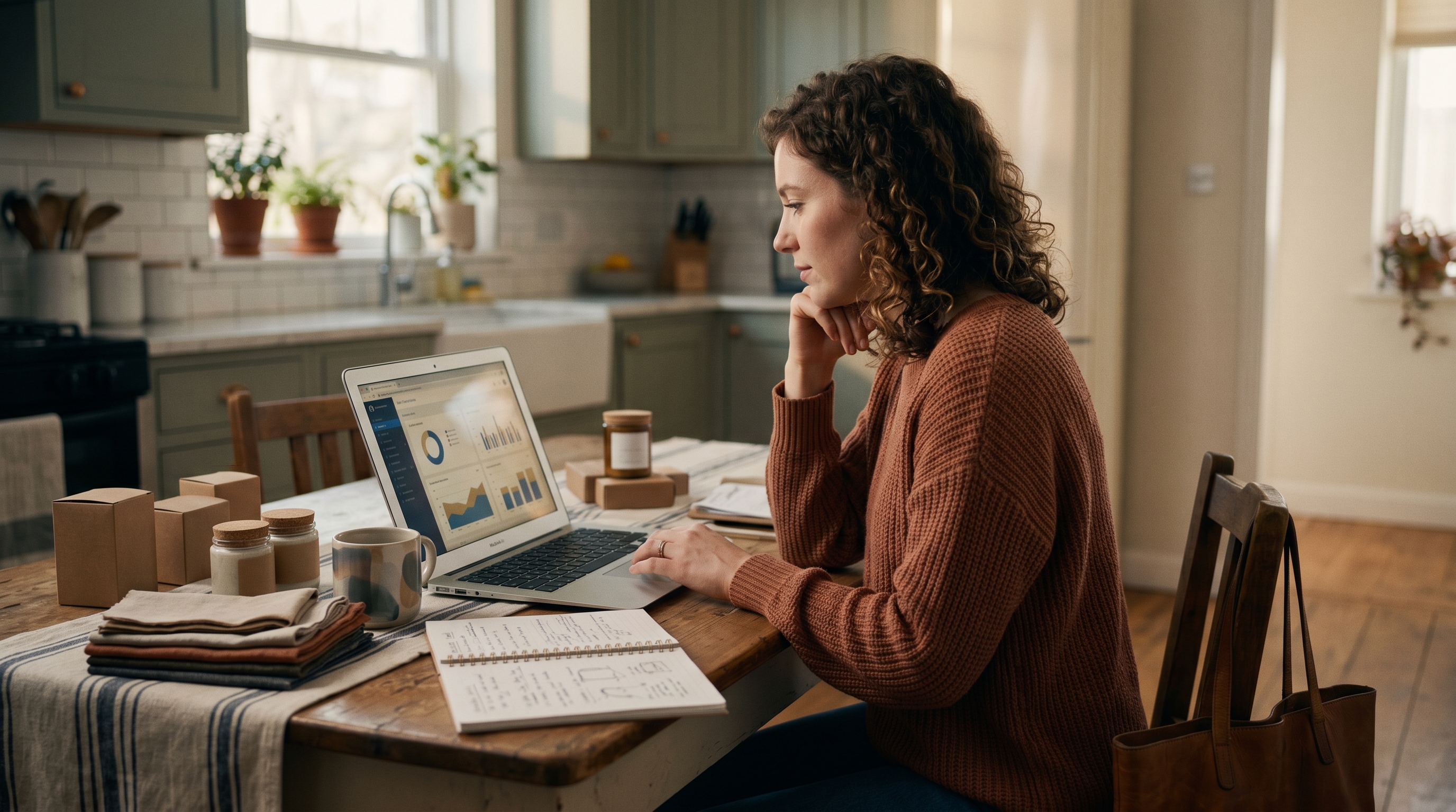 Small business owner checking her online store on a laptop at a kitchen table surrounded by product samples and notebooks