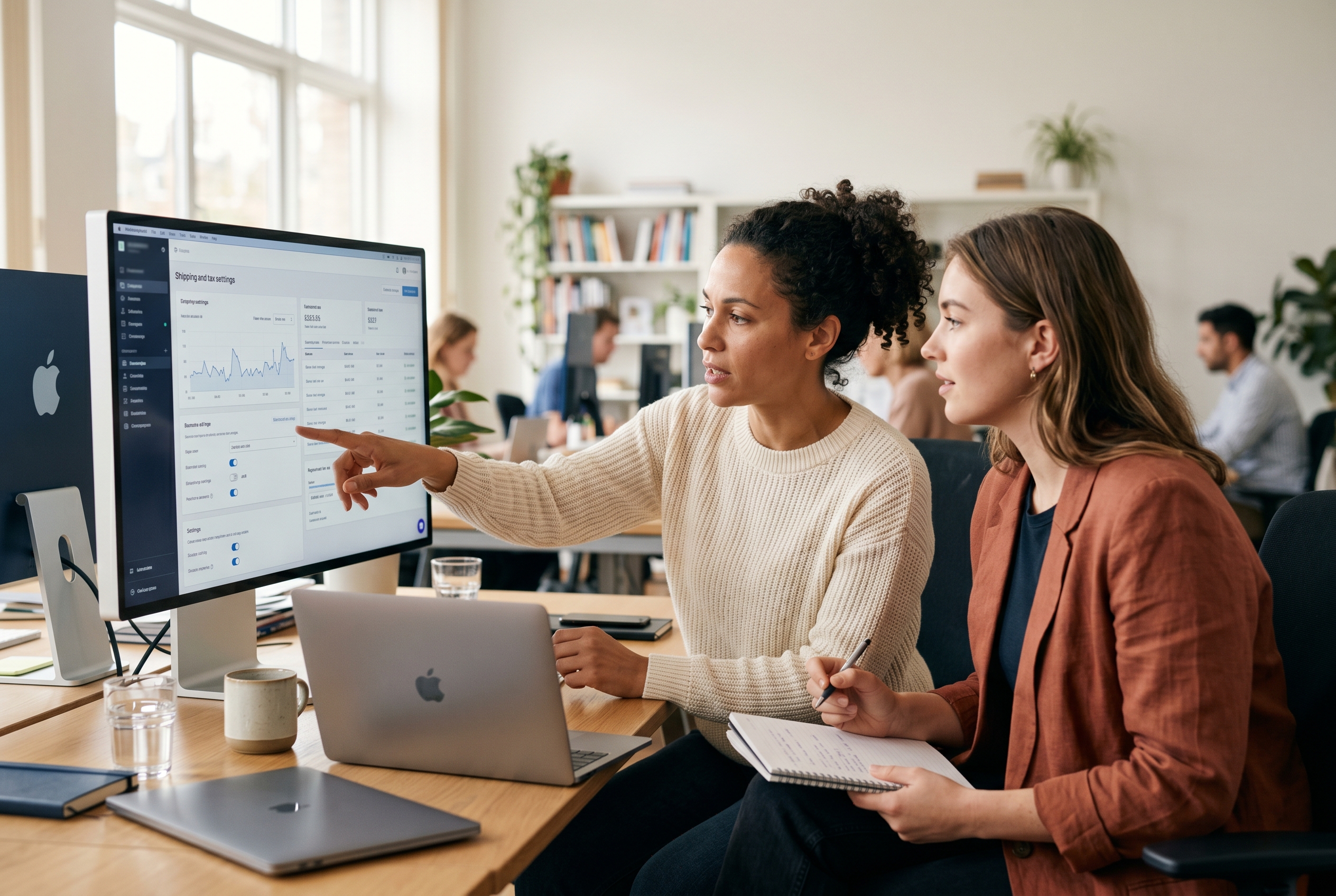 Two colleagues reviewing a shipping and tax settings screen together on a large monitor in a bright office