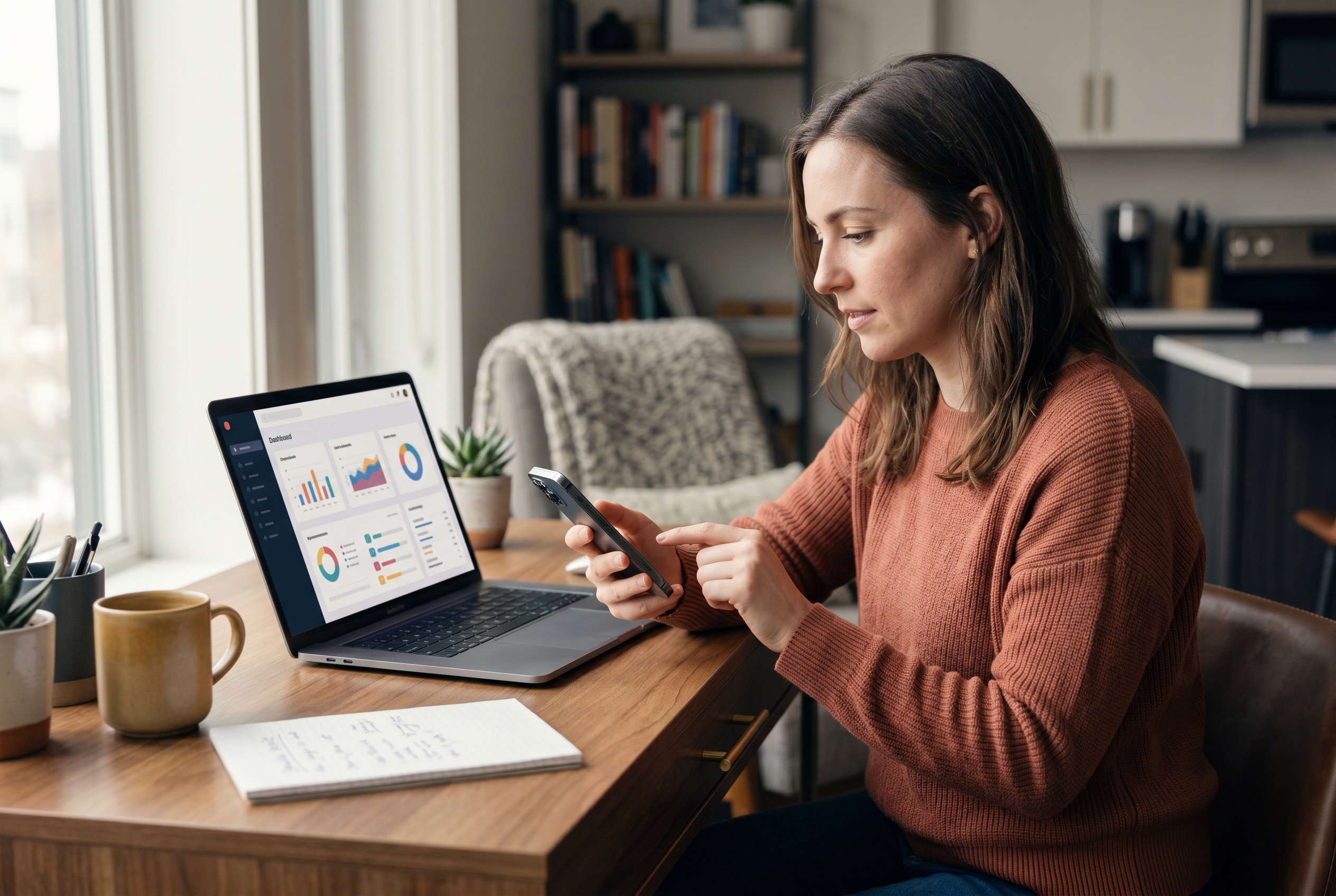 Founder placing a test order on her phone while watching the order appear on her laptop dashboard at a desk
