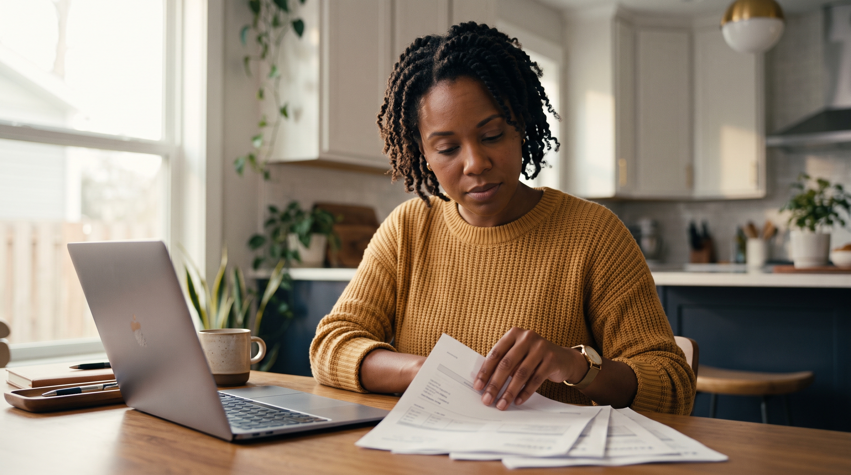 Small business owner reviewing a stack of software invoices at a kitchen table with a laptop open beside her