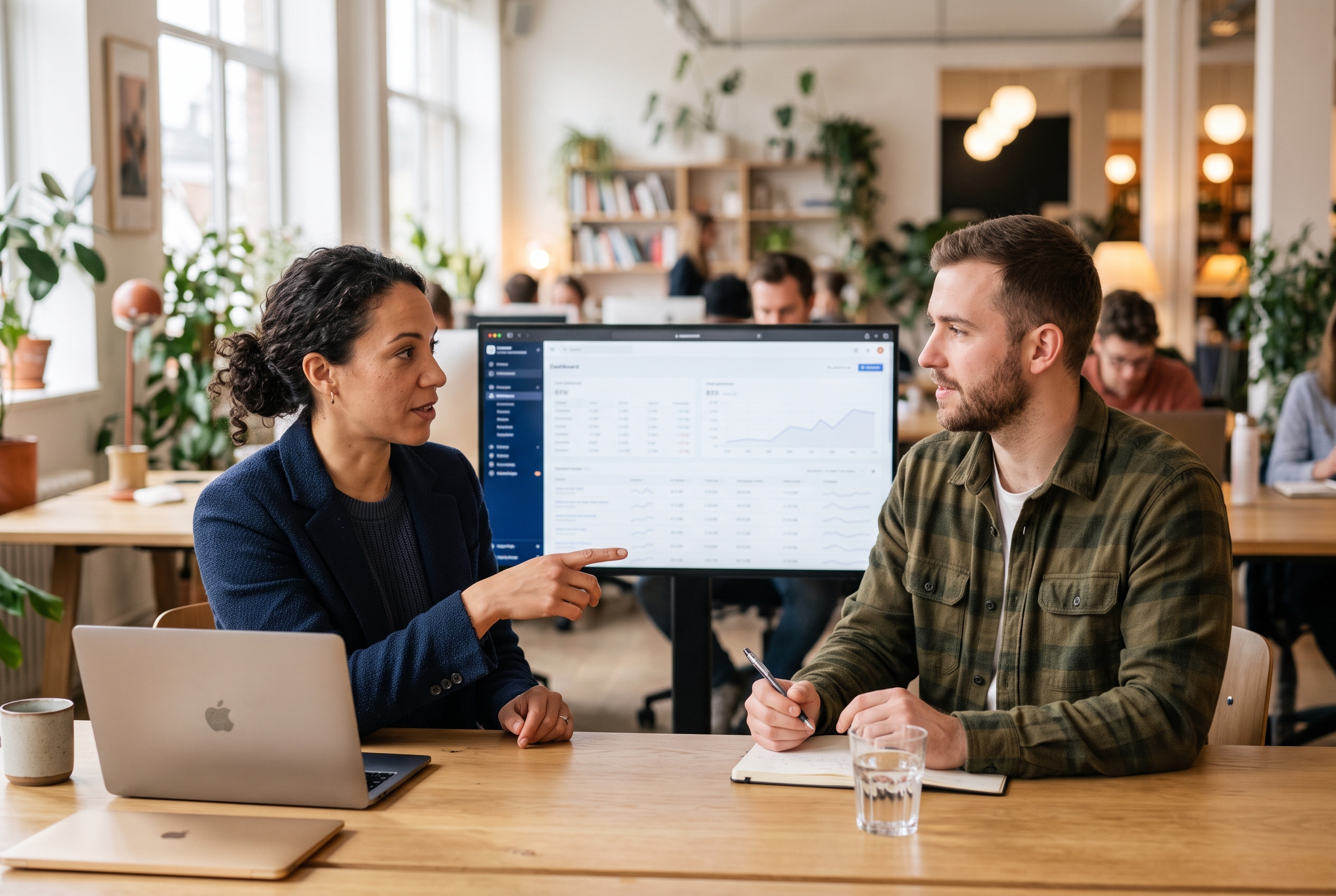 Two ecommerce founders comparing platform pricing on a wide monitor in a bright co-working space