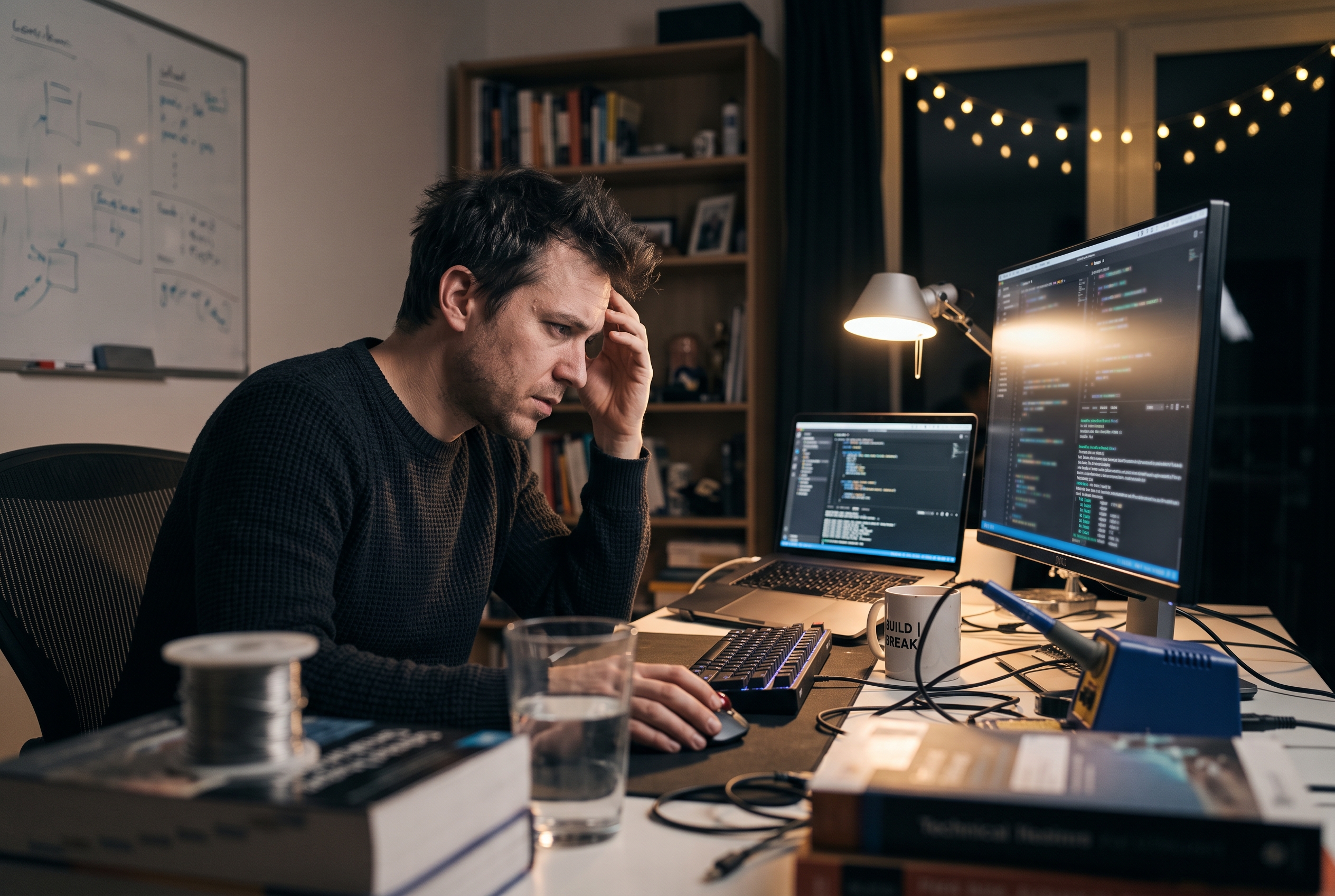 Developer troubleshooting a broken checkout page on two monitors late at night in a home office