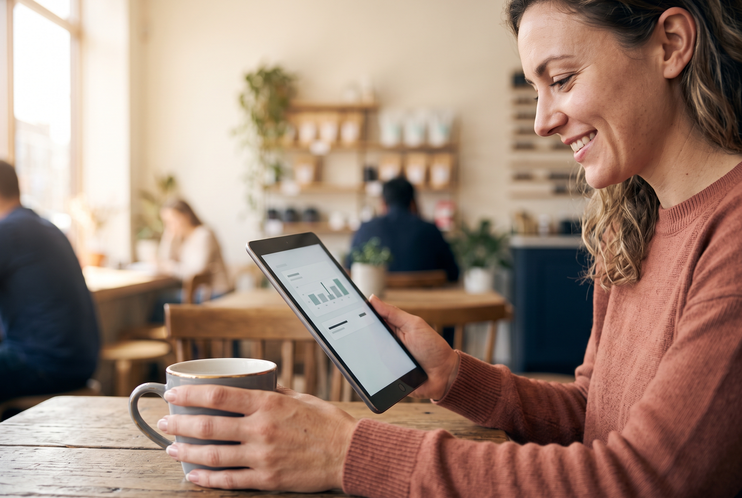Founder smiling while reviewing a simplified single-line subscription bill on a tablet in a sunlit shop