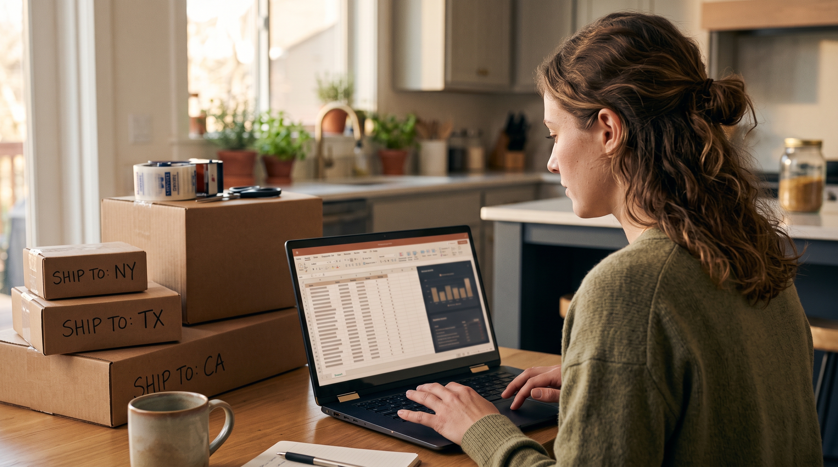 Online store owner reviewing a state-by-state sales spreadsheet on a laptop at a kitchen table beside packed shipping boxes