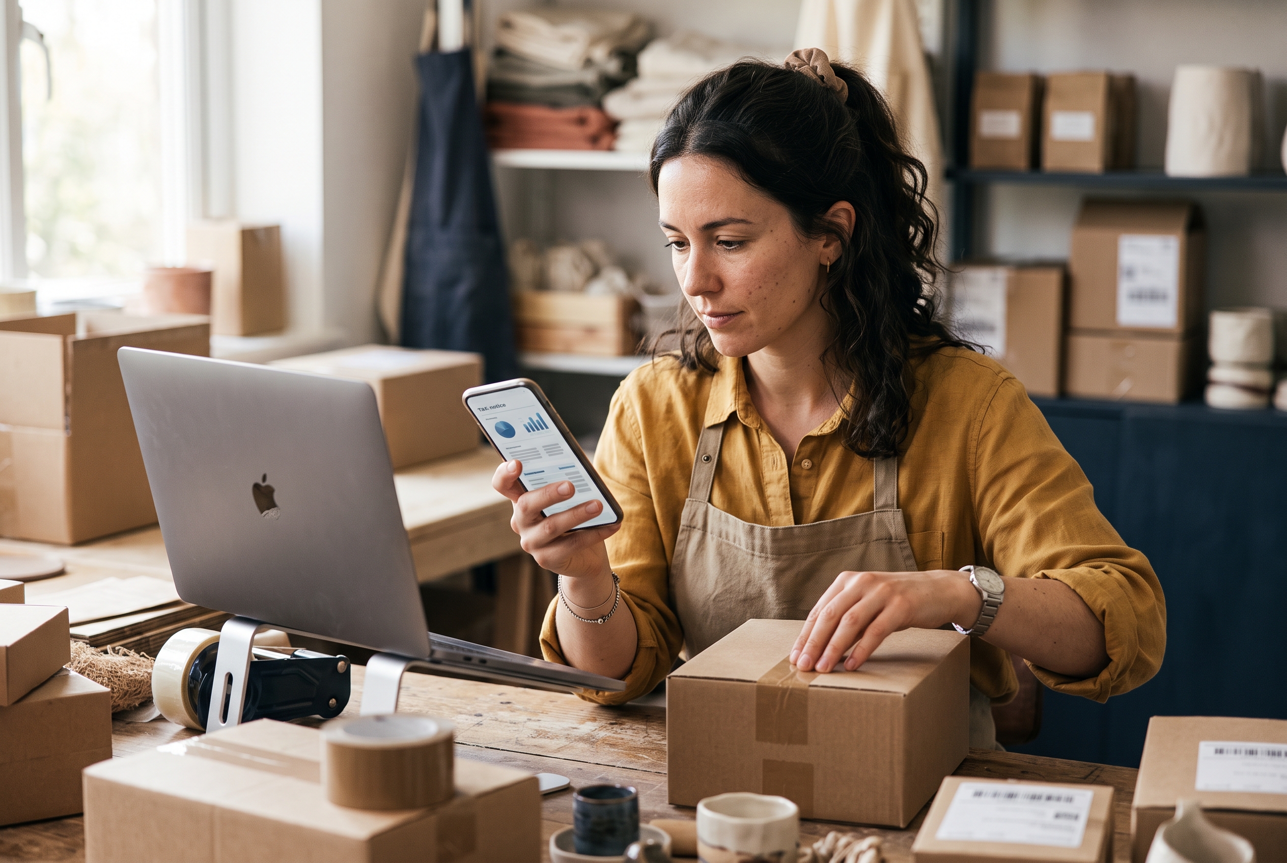 Small business owner packing a customer order at a workbench while checking a tax notice on her phone