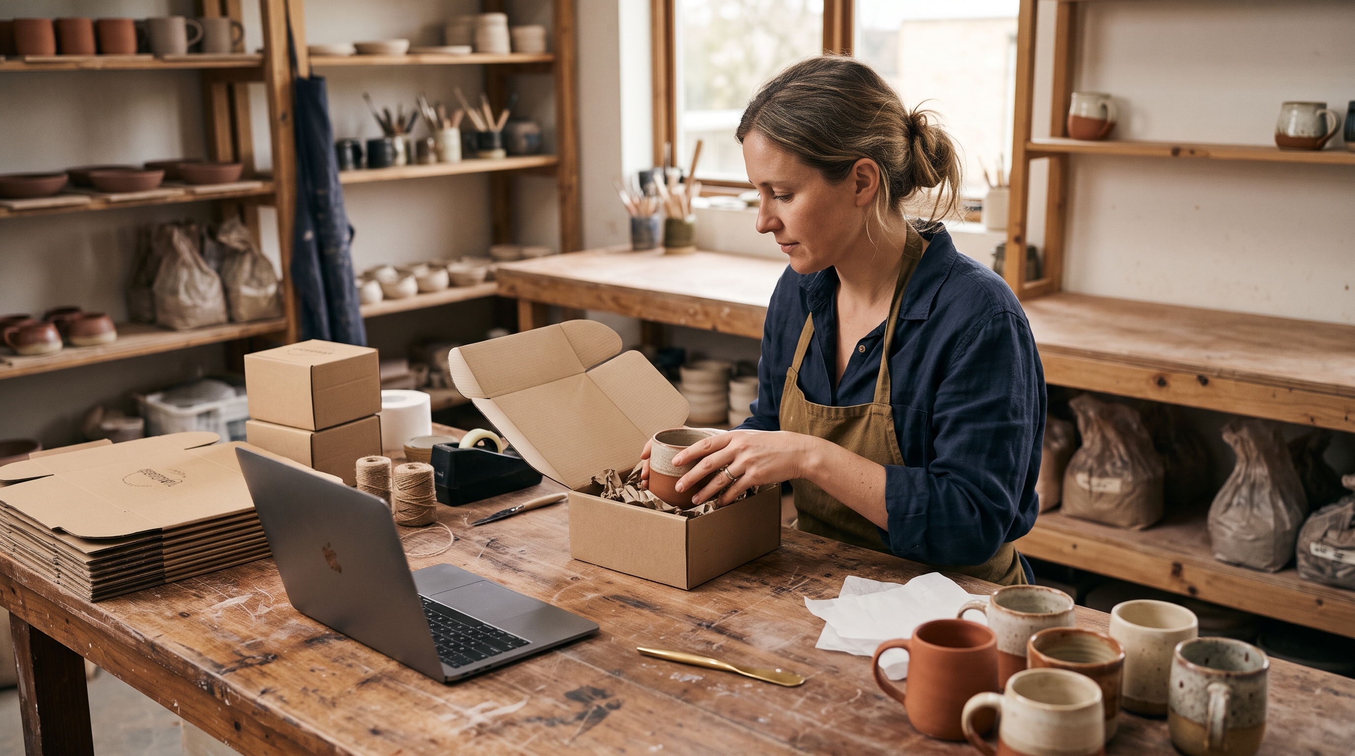 Handmade ceramics seller packing mugs into branded boxes at a wooden workbench with a laptop open to her Etsy shop