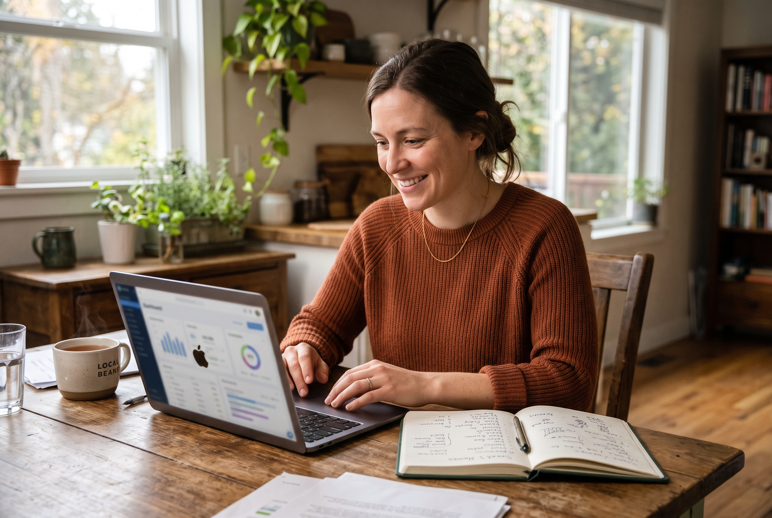 Seller sitting at a kitchen table checking name availability on a laptop with a notebook of handwritten name options