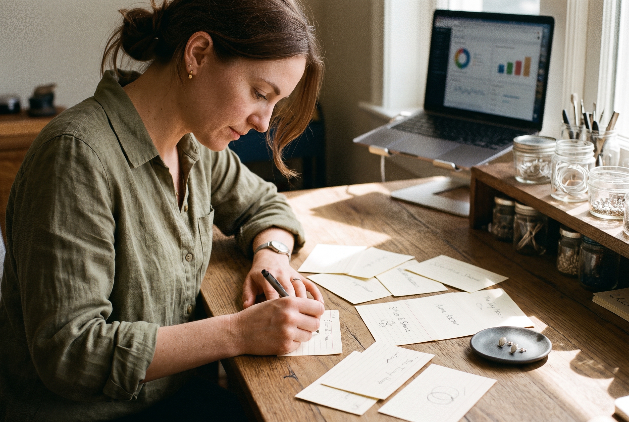 Jewelry maker sketching name ideas on index cards spread across a sunlit desk beside tiny silver earrings
