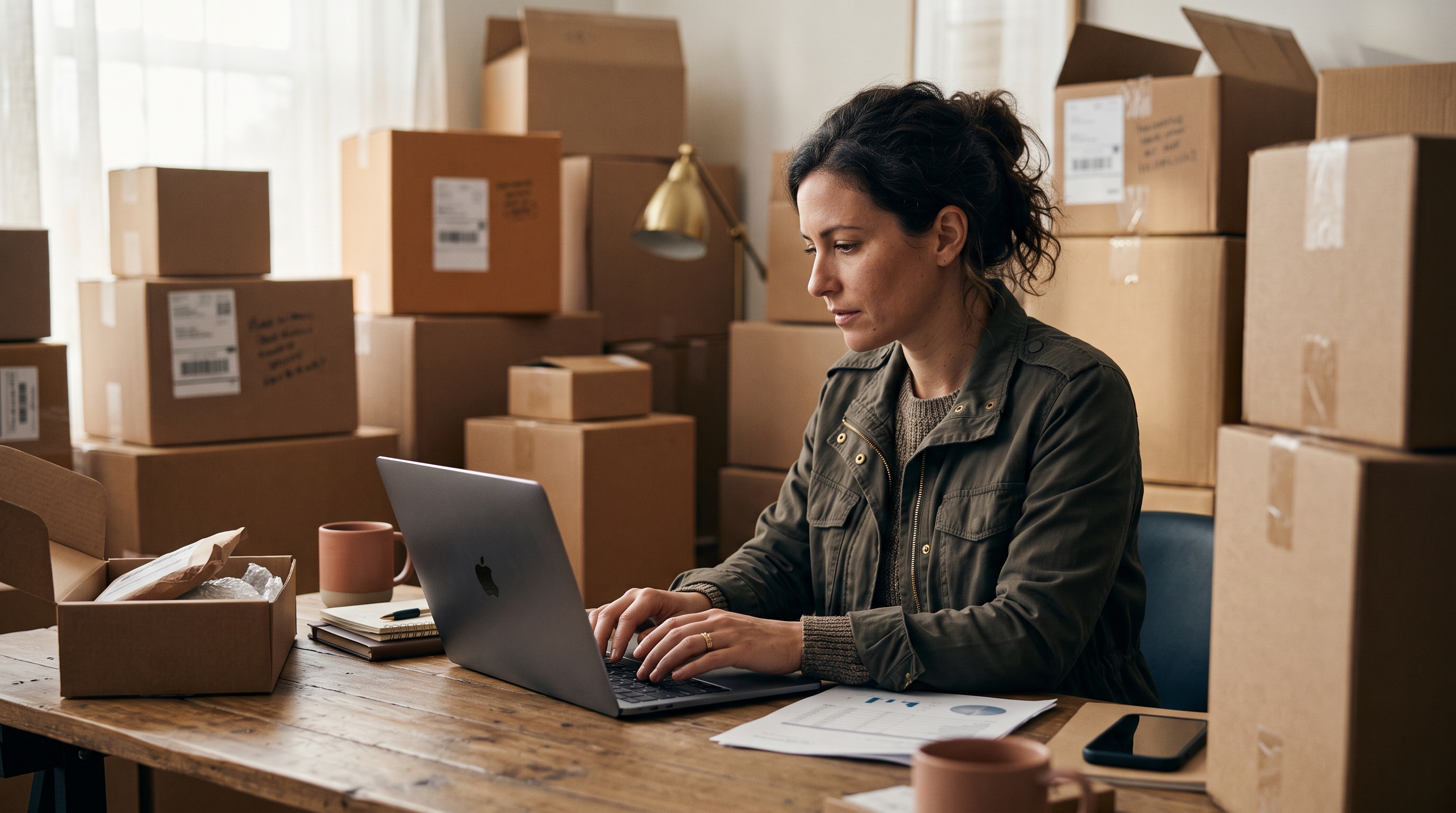 Store owner reviewing a product spreadsheet on a laptop at a wooden desk surrounded by packed inventory boxes