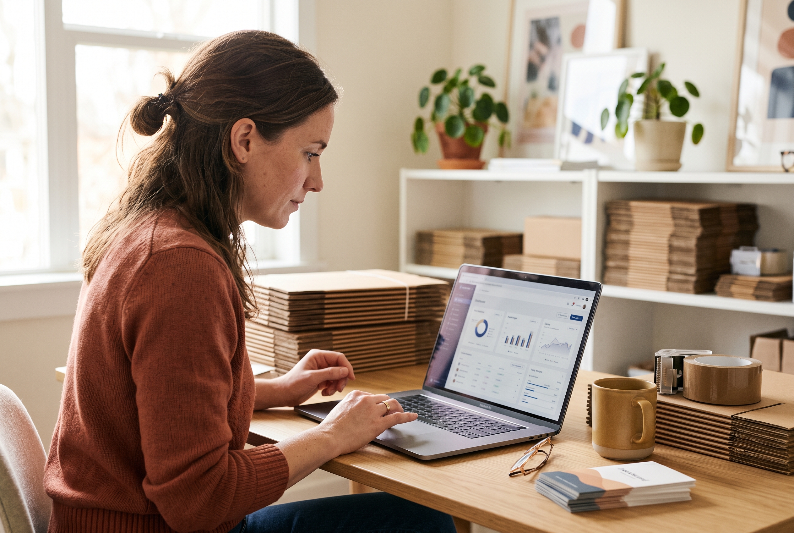 Small business owner clicking export on a laptop screen in a bright home office with shipping supplies nearby