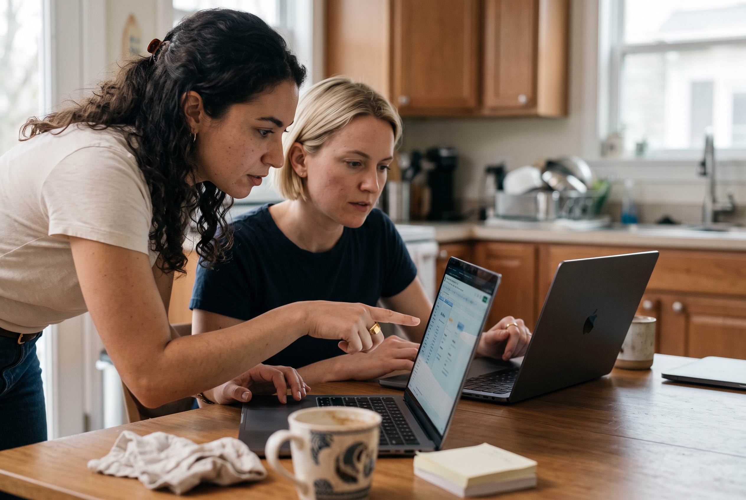 Two people comparing two laptops side by side at a kitchen table, mapping spreadsheet columns during a store migration