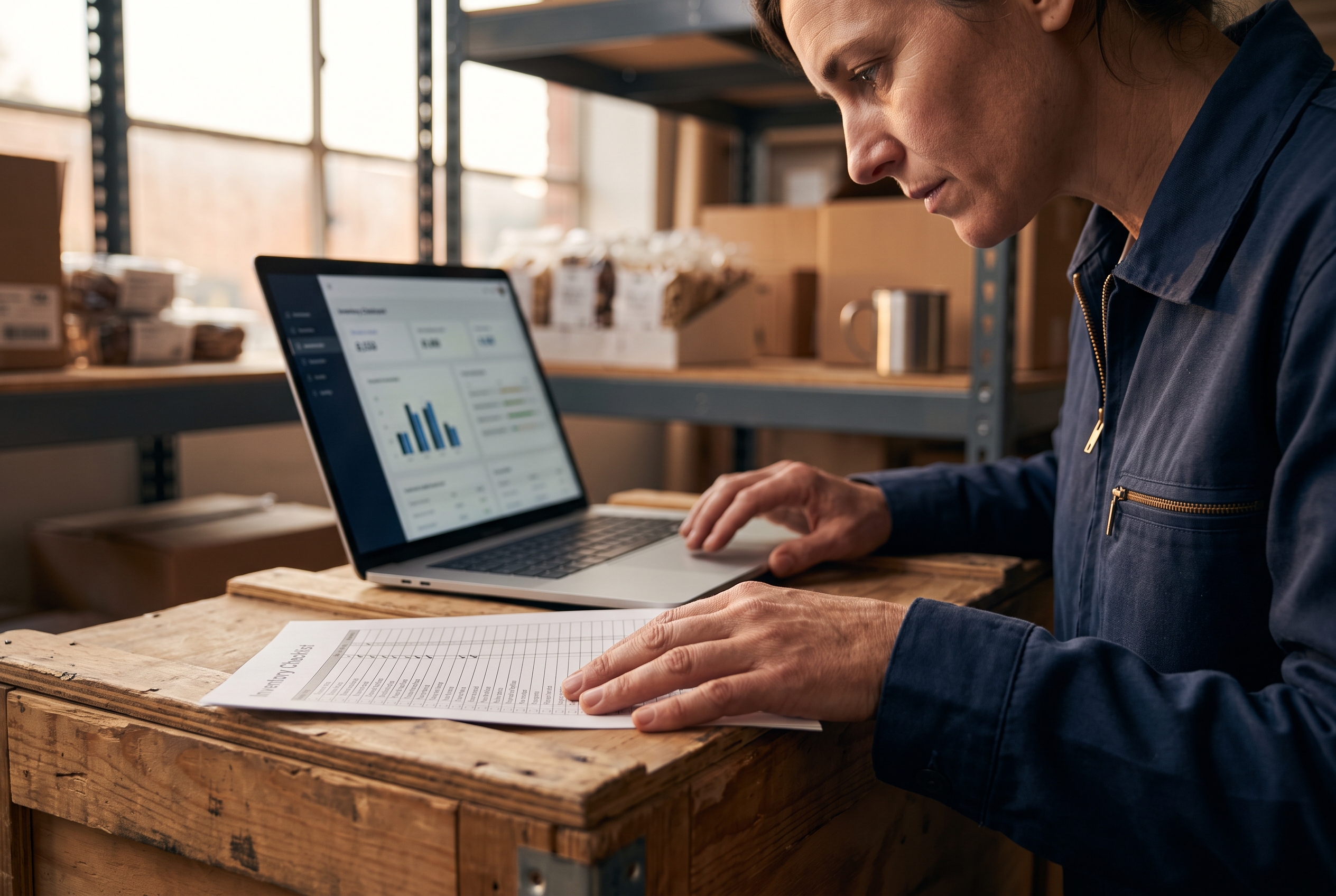 Founder carefully checking a printed product list against a laptop screen in a small warehouse at golden hour